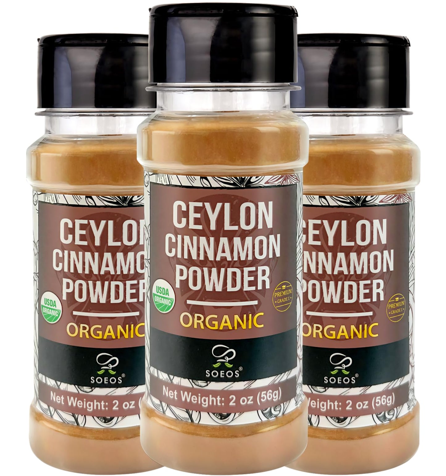 Soeos Organic Ceylon Cinnamon Powder 2 Ounce(Pack of 3) Pure Ground Cinnamon from Sri Lanka Non-GMO Gluten-Free Perfect for Baking Cooking and Beverages