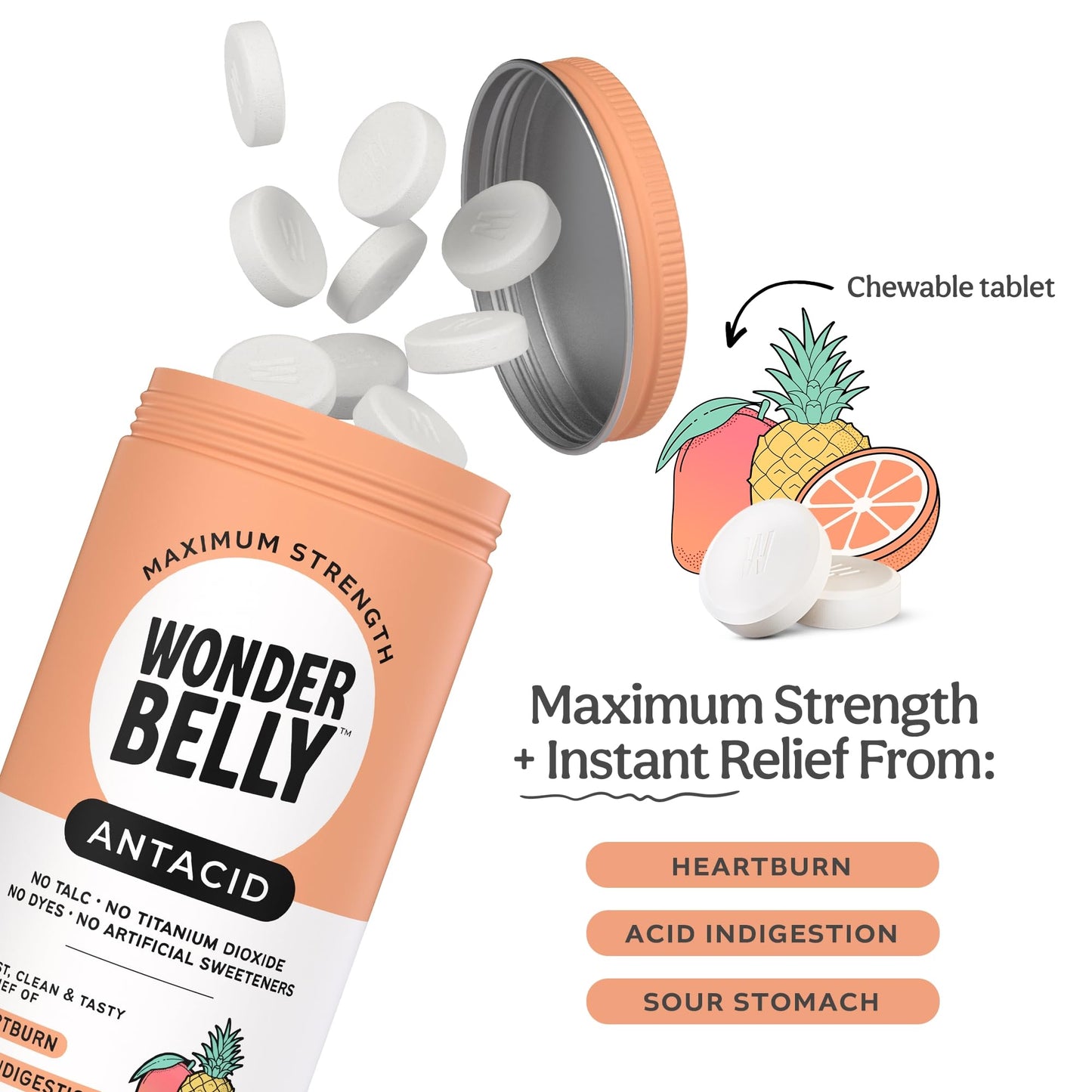 Wonderbelly Antacid, Effective Heartburn and Instant Acid Indigestion Relief, Extra Strength Chewable Tablets, 1000 mg Calcium Carbonate, No Talc or Dye, Tropical Fruit, 120 Count