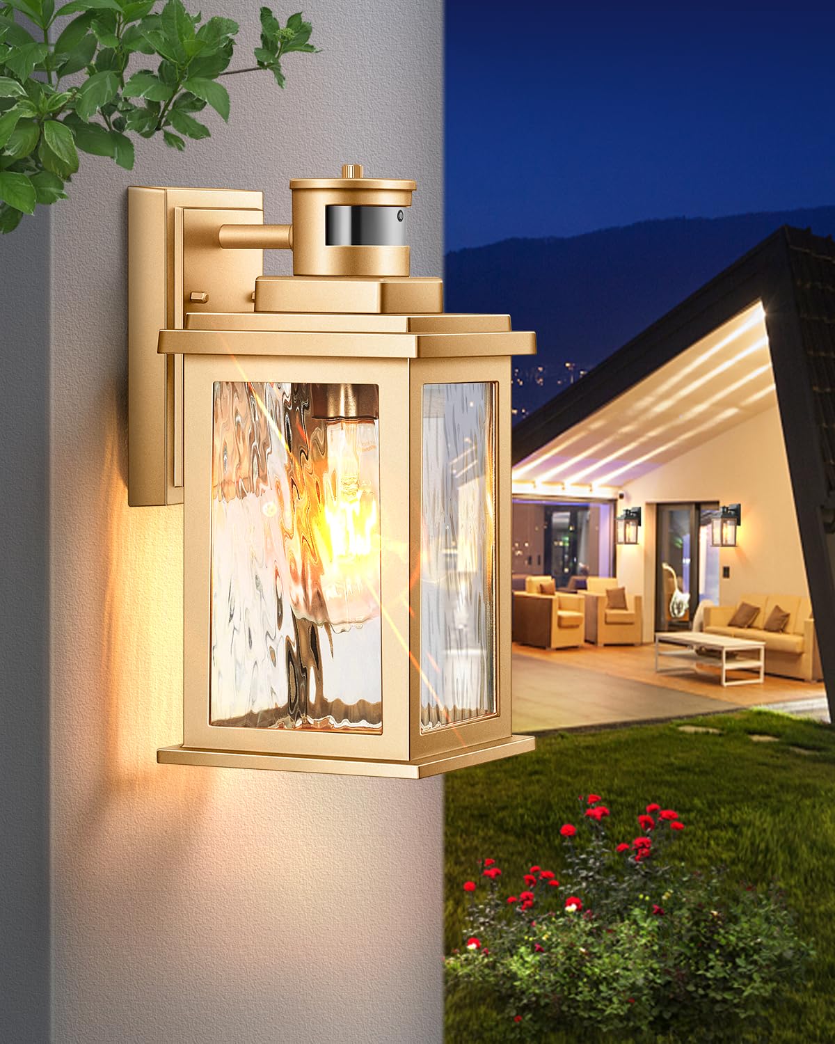 Vianis Motion Sensor Porch Lights - Outdoor Wall Fixtures, Gold Aluminum, Dusk To Dawn, Waterproof, Model V81011Gd