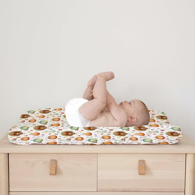 Thanksgiving Turkey Pumpkins Baby Changing Pad Covers for Boy Girl 32''x16'' Fall Turkey Maple Leaves Autumn Floral Fitted Change Table Mats Soft Breathable Nursery Diaper Changing Table Sheets