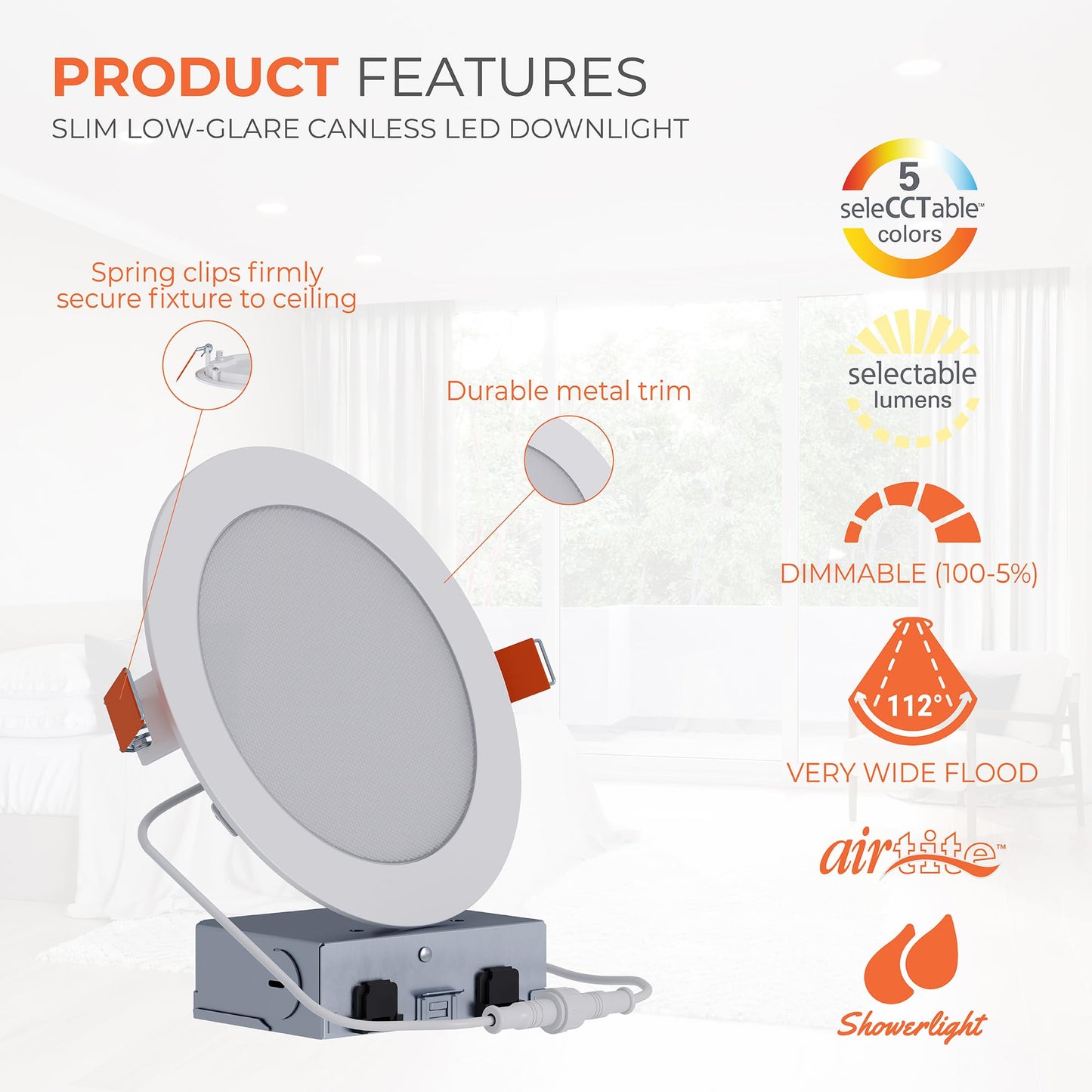 HALO HLB 6 inch LED Recessed Lighting Canless Dimmable Ceiling and Shower Light with Selectable Lumens and Color Temperature 2700K-5000K Wet Location Indoor Outdoor Sofit Downlight - HLBLSFS5-6PK