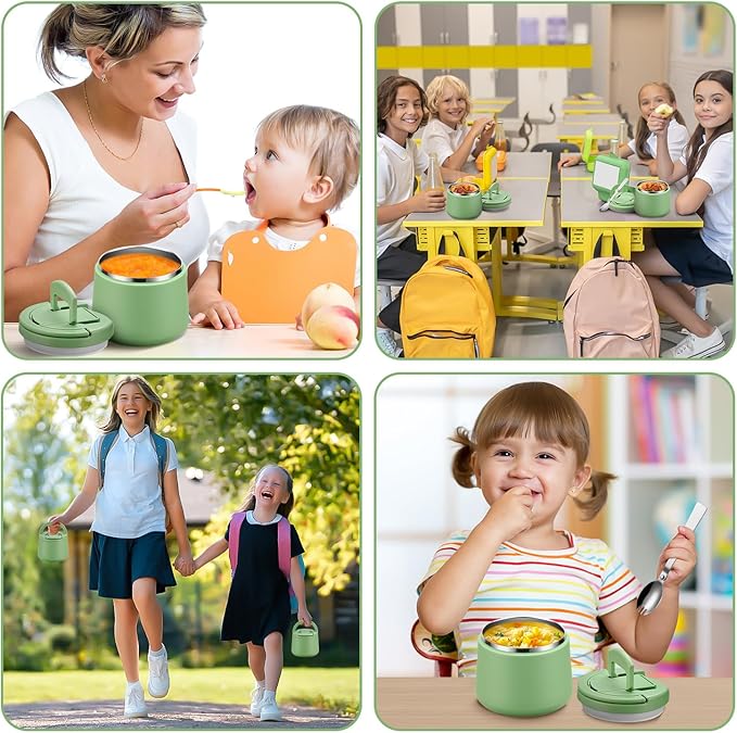 Soup Thermo for Hot Food Kids 14oz Lunch Containers with Buckle Lid Wide Mouth Hot Food Jar Vacuum Insulated Stainless Steel Bento Box Leakproof with Spoon(Green)