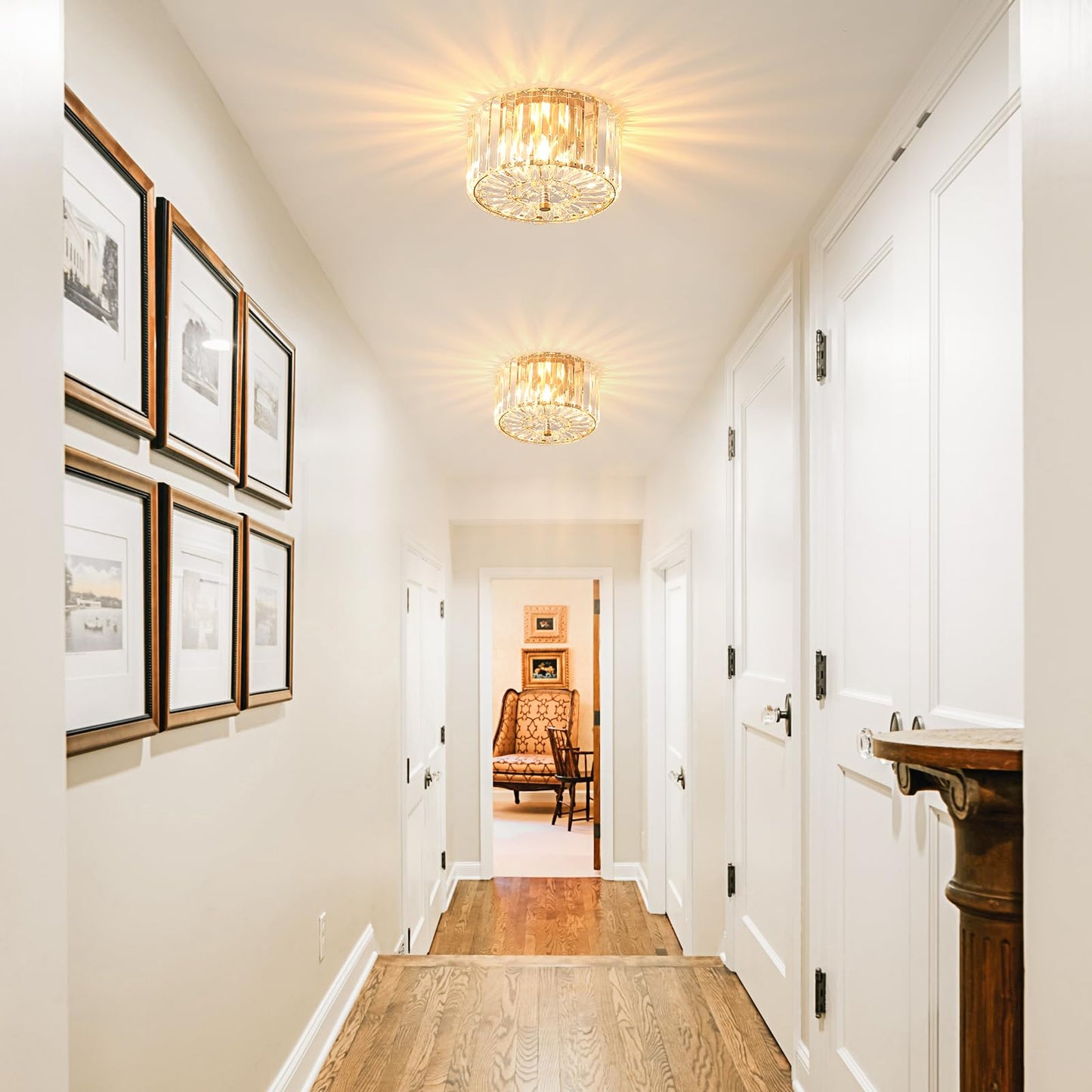 Pasentel 8.89 Small Crystal Ceiling Light Modern Semi Flush Mount Ceiling Lighting Fixture Gold Crystal Mini Chandelier For Hallway Kitchen Entryway Laundry Room 2-Light Xdd007-1-G