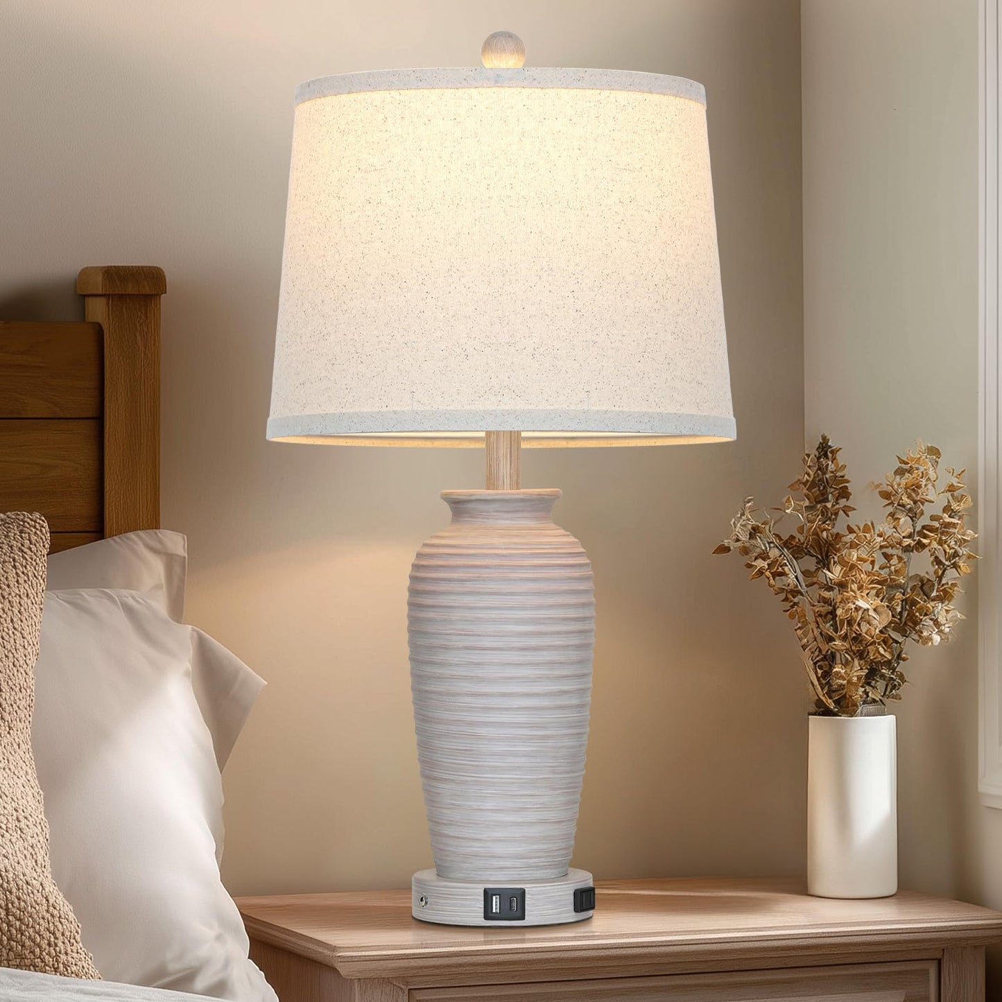 CINSARY 25in Vintage Farmhouse Table Lamp with USB Ports & AC Outlet, Grey White, Resin, Model TD-CS-328-1PK