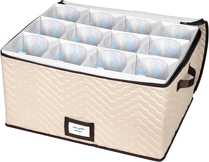 Wine Glass Storage Box with Dividers - Stemware Storage Case, Durable Quilted Microfiber Bin with Carry Handles, Protects Fine China - Durable Quilted Microfiber Bin with Carry Handles (1 Pack, Red Wine Glass)