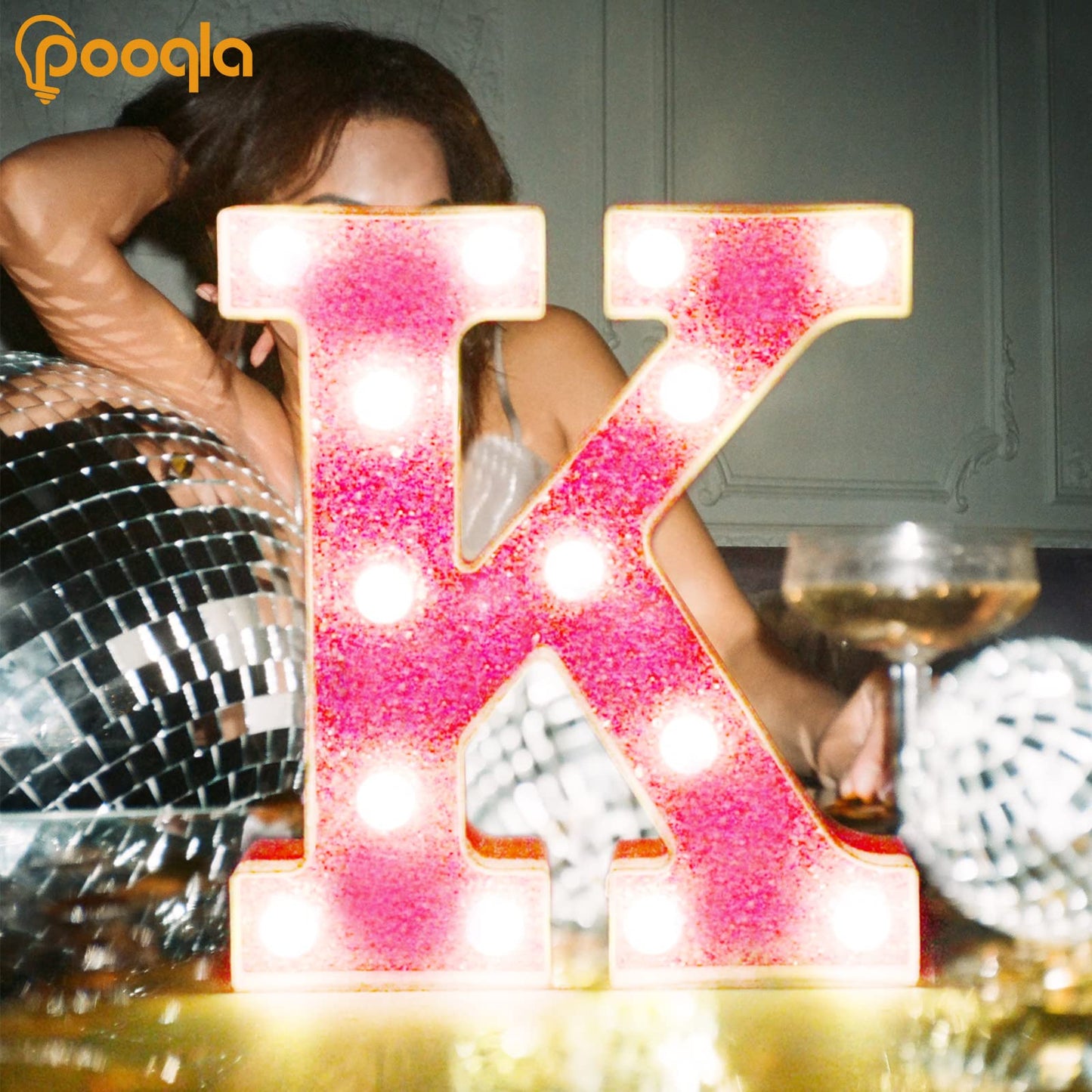Pooqla Led Marquee Letter Lights - Sequin Pink Alphabet Sign For Parties, Weddings, And Home Decor - Battery Powered Night Light