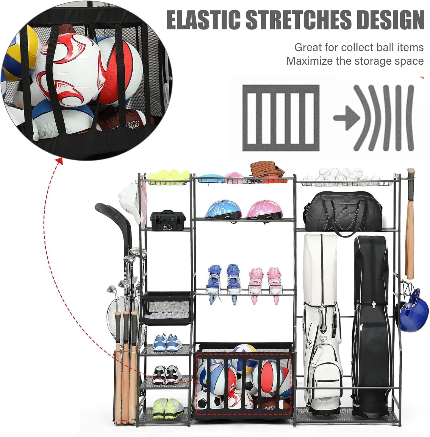 Garage Sports Equipment Organizer, golf bag storage, Ball Storage, Upgraded Sports Organizer Rack for Balls with Holder and Hooks, Indoor/Outdoor Basketball Storage Bins for Toy Sports Gear Storage.