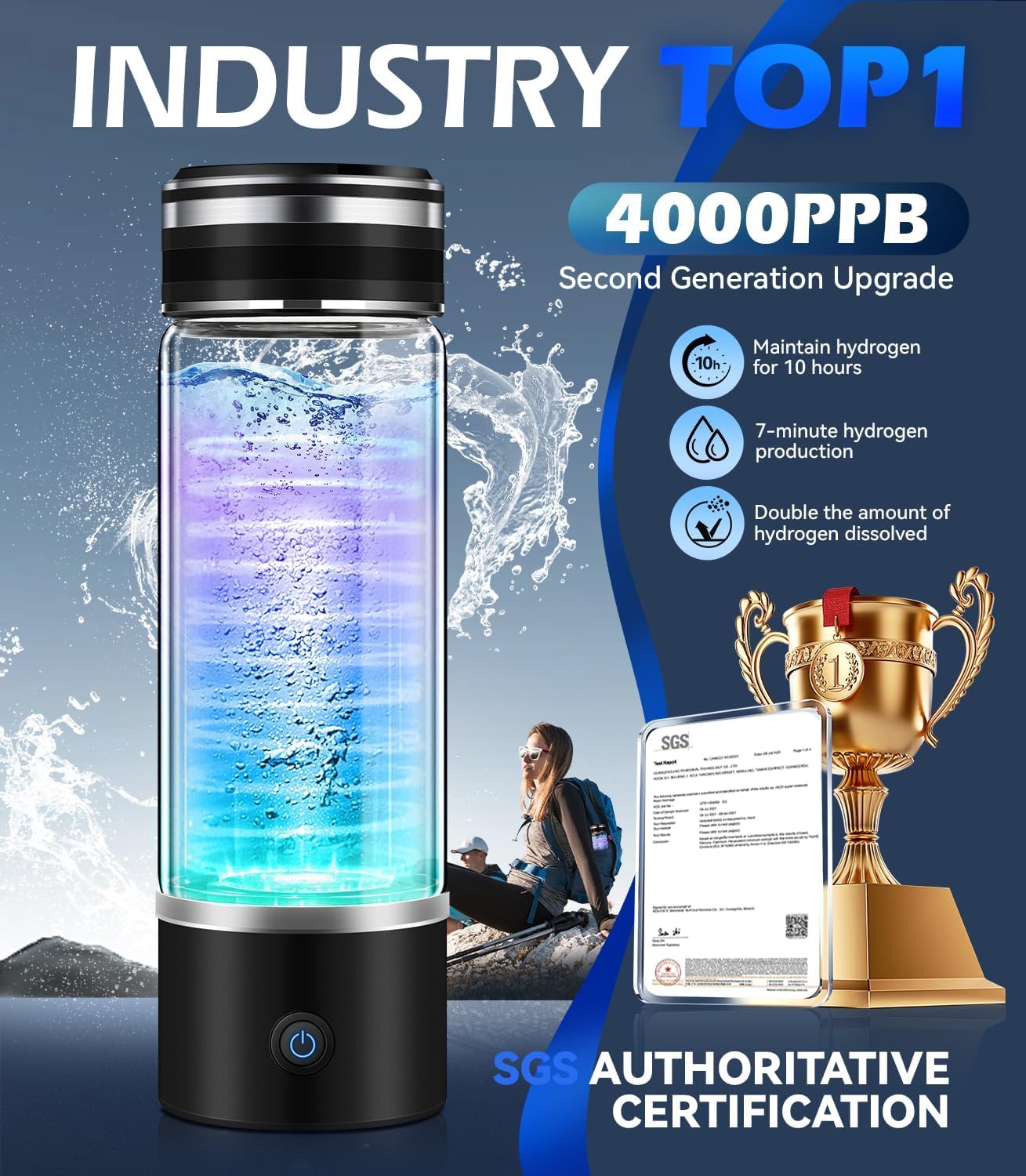 4.0 Upgrade Hydrogen Water Bottle & Double Hydrogen Content 【NO.1-100% Odorless】【SGS Certification - 4000PPB】 Hydrogen Water Bottle - 2025 SPE PEM Technique, Applicable to Various Water
