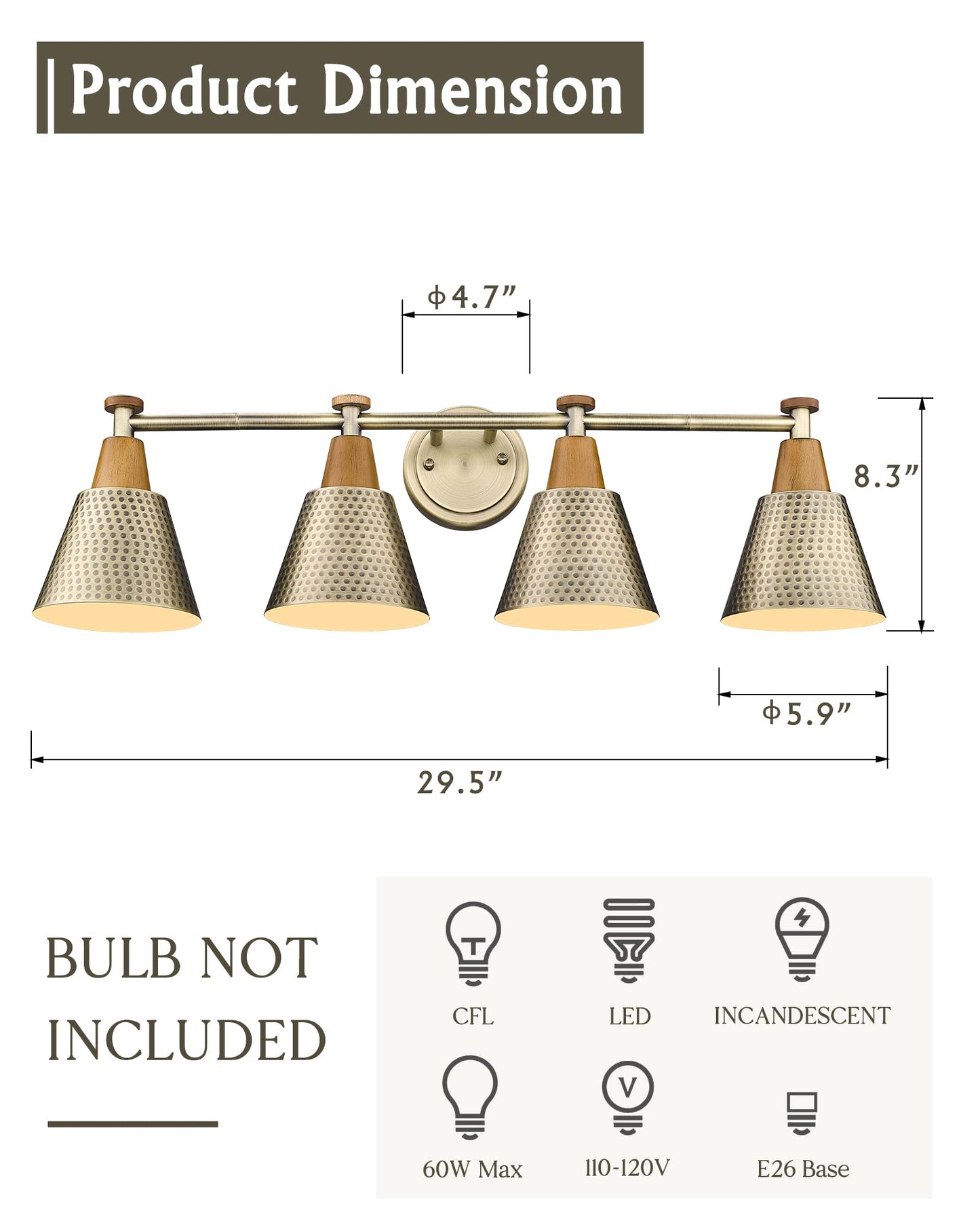 FEMILA Vanity Lights, 4-Light Bathroom Fixture, Antique Brass Wall Sconces, Hammered Metal Shade, 1 Pack