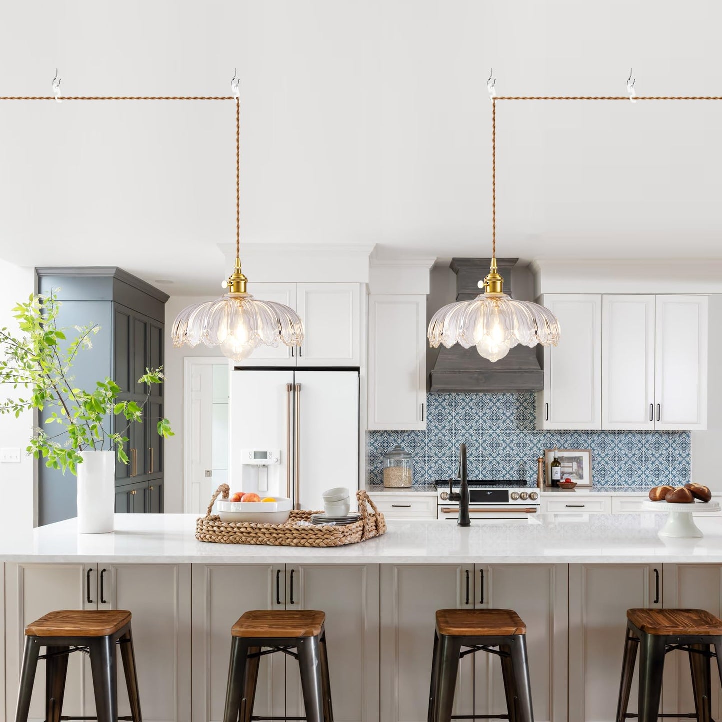 Beserwin Plug In Pendant Light Hanging Lights With Plug In Cord Hanging Light Fixture With Green Glass E26 Pendant Lighting For Kitchen Island Bedroom Dining Room-Clear