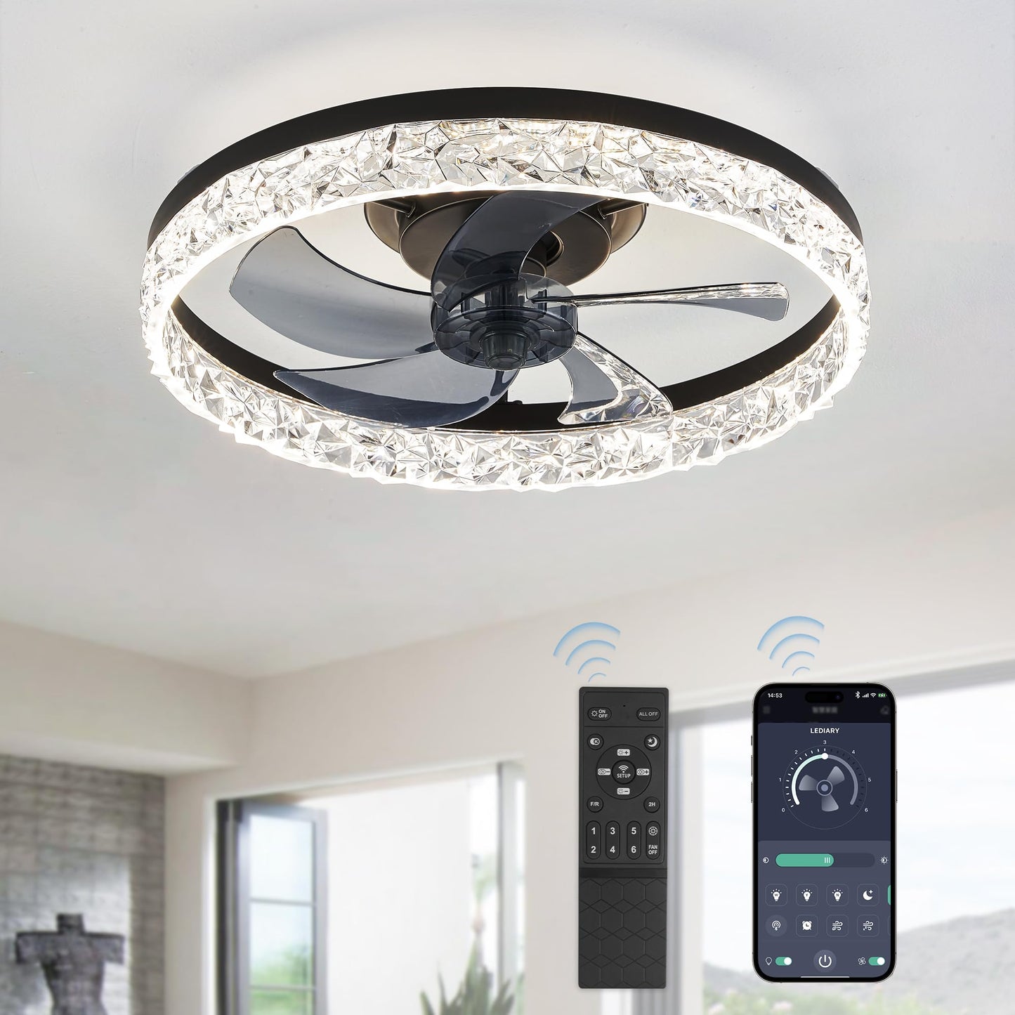LEDIARY 20 Modern Ceiling Fans with Lights and Remote, Dimmable Low Profile Ceiling Fan, Flush Mount Ceiling Fan, Stepless Color