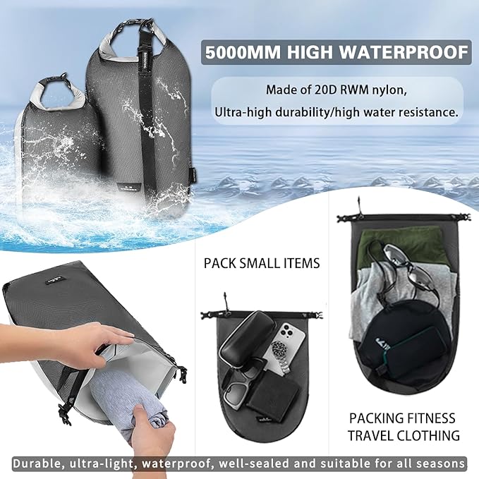 Waterproof dry sack Lightweight Dry Bag Soft and comfortable stuff sacks for backpacking Rafting Boating Camping(4L,8L) (Grey, 4L 8L)