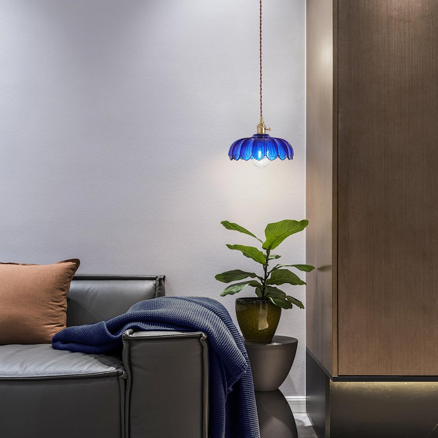 Xzhgcee Plug In Pendant Light: Hanging Light Plug In Fixture Bule Glass Hanging Lamp Pendant Lighting For Kitchen Island Bedroom Dining Room Living Room E26 No Bulb