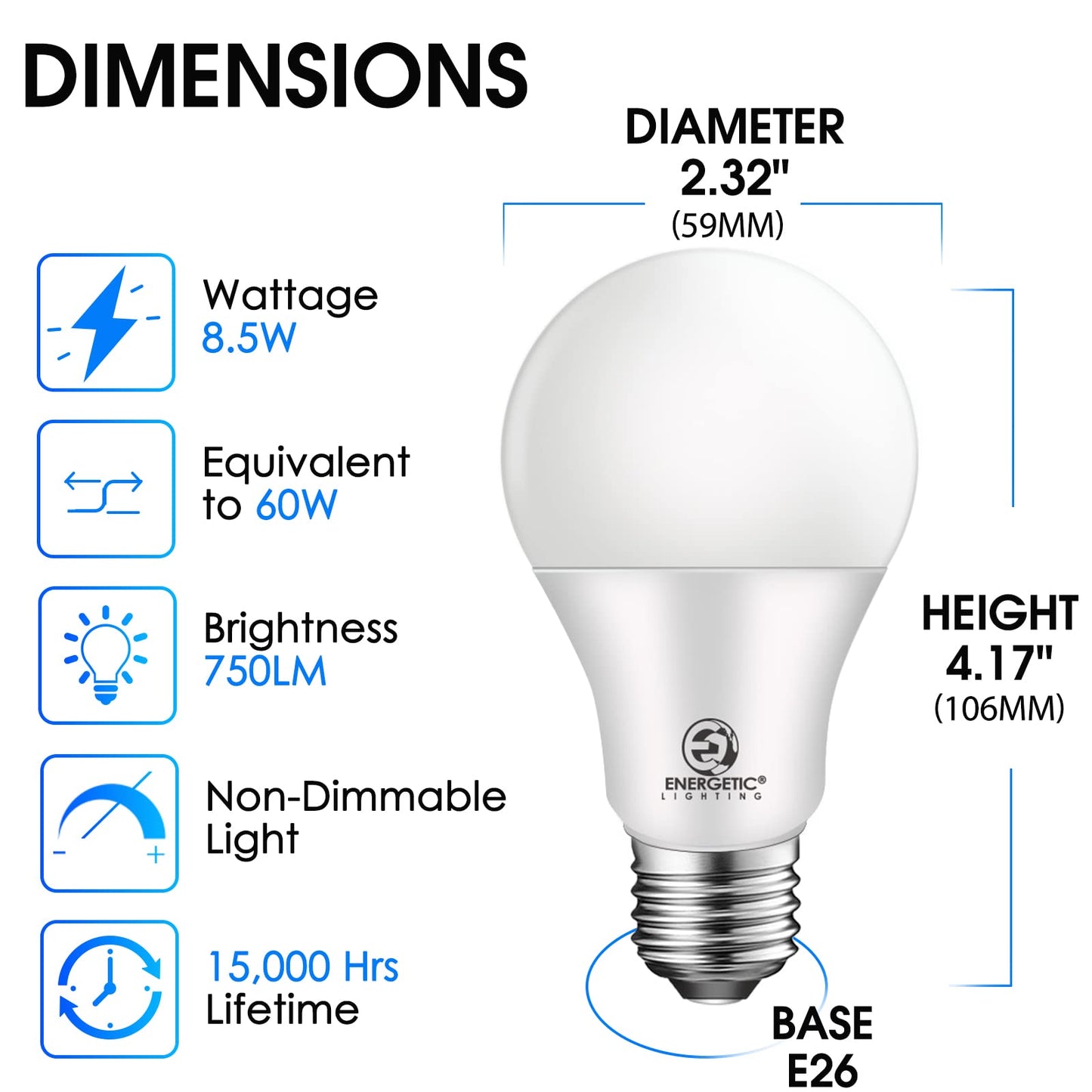 Energetic 60W Equivalent, A19 LED Light Bulb, 3000K Warm White, E26 Medium Base, Non-Dimmable LED Light Bulb, 8W 760LM, ETL Listed, 4 Pack