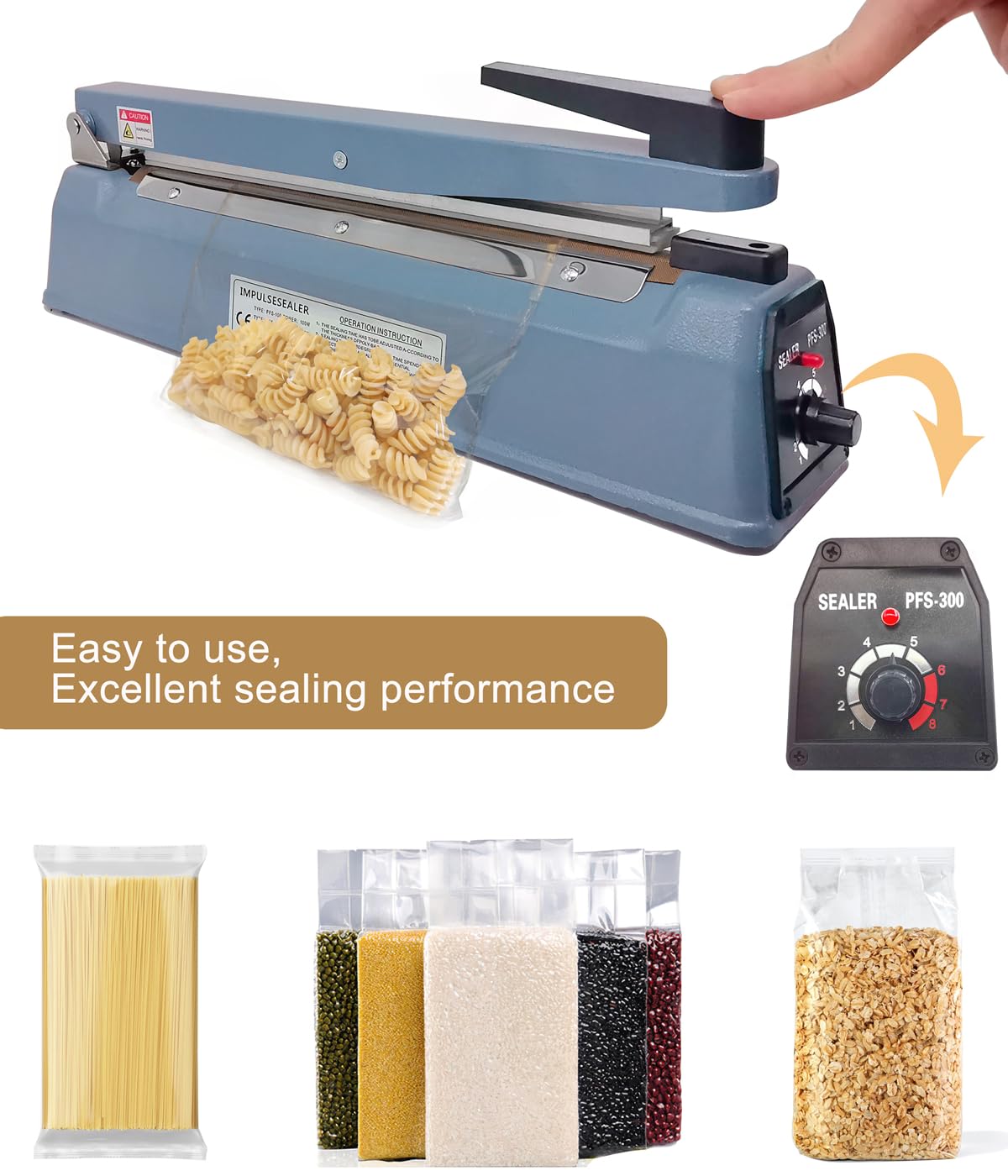 SEELAUGH 12 Inch 5mm Impulse Heat Sealer Machine for Plastic Mylar Bags, Metal Shell, with 6 Replacement Parts (including 2 Cutting Lines)