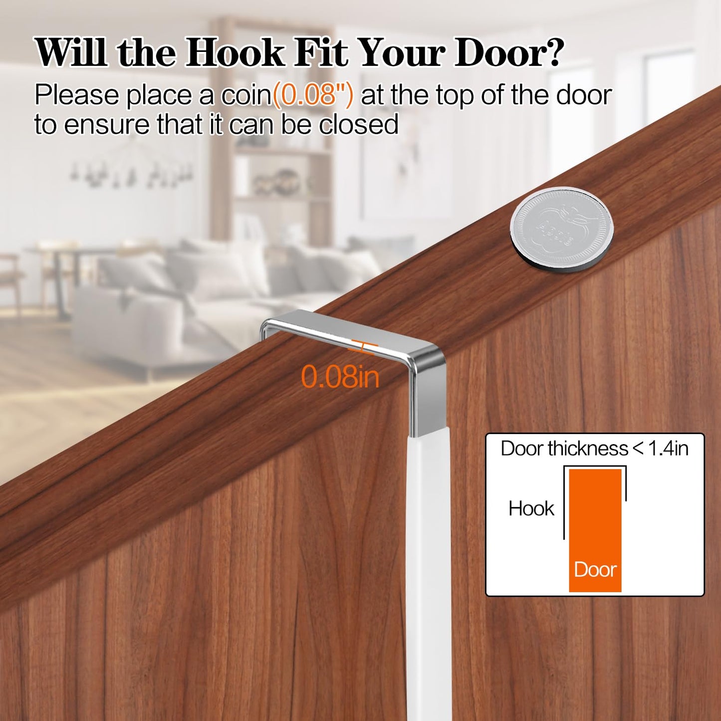 4 Pack Over The Door Hooks, Fits Doors Less Than 1.4in Thick, White Rubber Surface Prevent Scratch Door Hanger Hooks for Bathroom, Living Room, Kitchen, Hanging Clothes, Towels, Bags