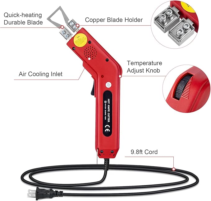 Toemics Electric Hot Knife Foam Cutter โ 100W Styrofoam Cutting Tool, 4 Adjustable 50-500ยฐC Blades for Polystyrene, Sponge, Crafts, and Insulation (Red)
