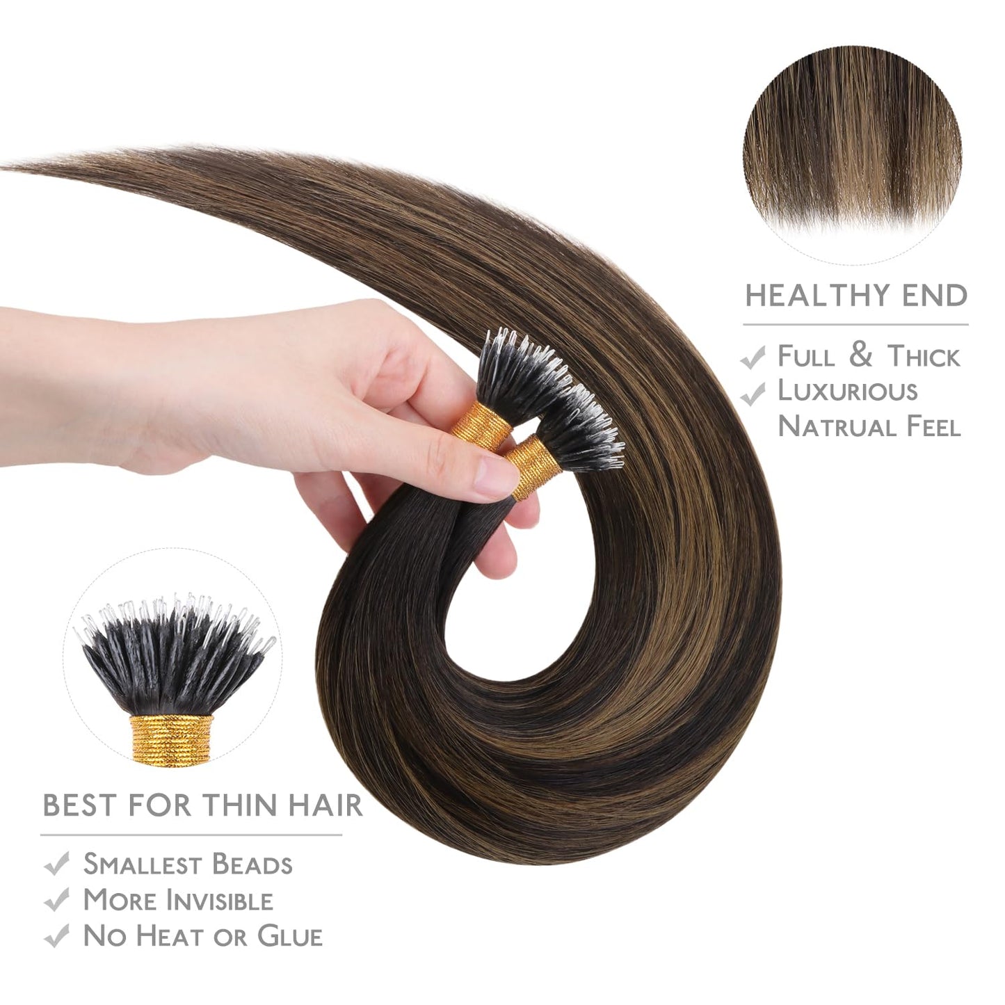 WENNALIFE Nano Bead Hair Extensions Human Hair, 50g 100s 14 Inch Balayage Dark Brown Mixed Chestnut BrownReal Human Hair Extensi