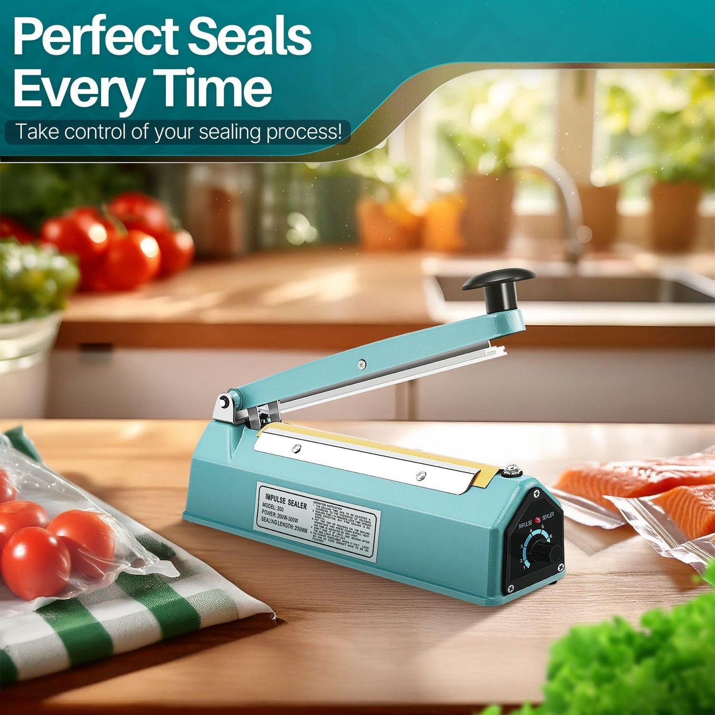 Flexzion Impulse Sealer 8 Inch (200mm) 300W Heat Sealer Machine with Adjustable Heating Mode, No Warm Up Needed, Portable Bag and Seal Impulse with Replacement Element Grip and Teflon Tape
