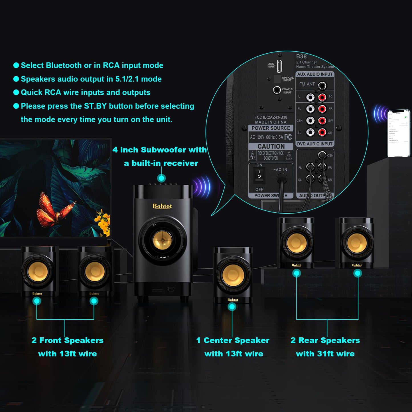 Surround Sound Systems Small 5.1 Home Theater System Speakers For Tv Subwoofer With Hdmi Arc Optical Bluetooth Input Stereo Home