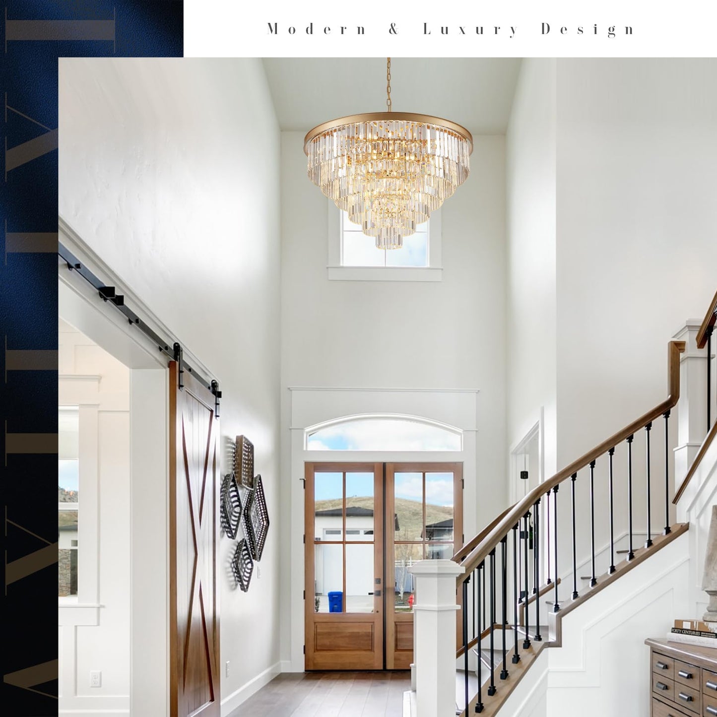 A AXILIXI Modern Gold Crystal Chandelier 35in 5-Tier K9 Metal Light Fixture for High Ceilings, Staircase, Entry, Living Room, Model DH88318
