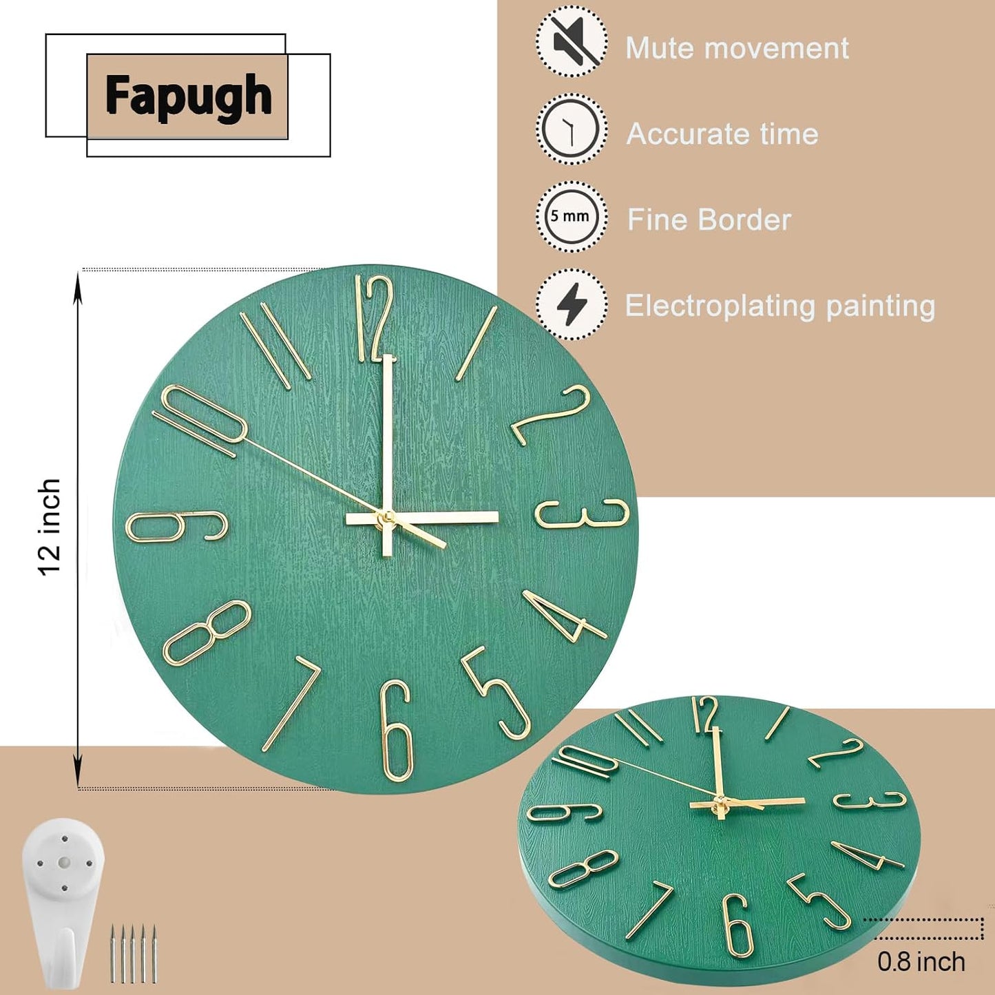 Wall Clock, Silent Clock, Wall Clocks Battery Operated, 12 inch Modern Wall Clock, Suitable for Offices, Living Rooms, Kitchens, Homes, Schools (Grass Green Without Second Hand)