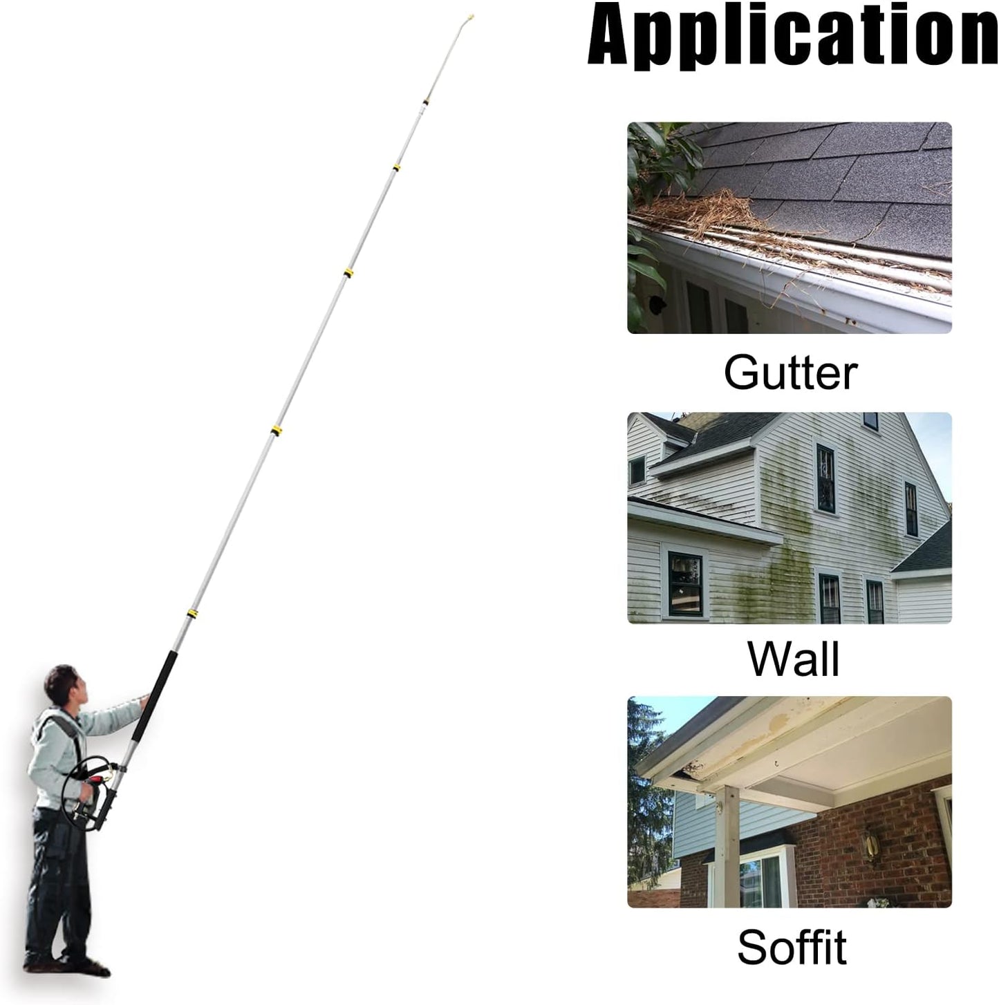 janz 24 FT, Aluminum Telescoping Pressure Washer Wand with 2 Pressure Washer Extension Wands,Gutter Cleaner Attachment, 7 Spray Nozzle Tips, 2 Hose Inlet Adapters, Pivoting Coupler and Support Harness