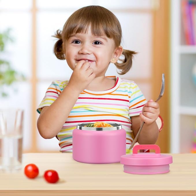 PIQUEBAR 8oz Kids Thermo for Hot Food,Small Lunch Thermos Food Container Stainless Steel,Easy Open Wide Mouth Thermo for Hot Cold Food for Preschool Travel (Pure Pink)