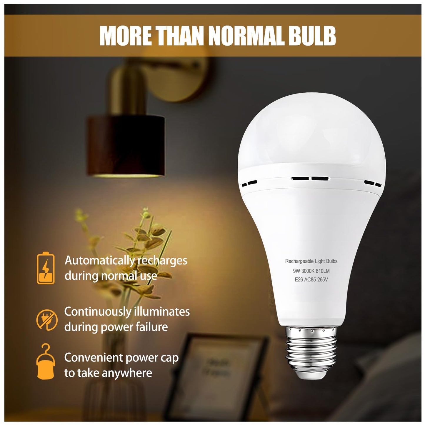 Emergency Rechargeable Light Bulbs 6 Pack, Keep Lighting When Power Failure, A21 9W 60W Equiv., Battery Operated Light Bulb with 1200mAh for Home Camping, Emergency Time 4-5 hrs(with Hook, Warm White)