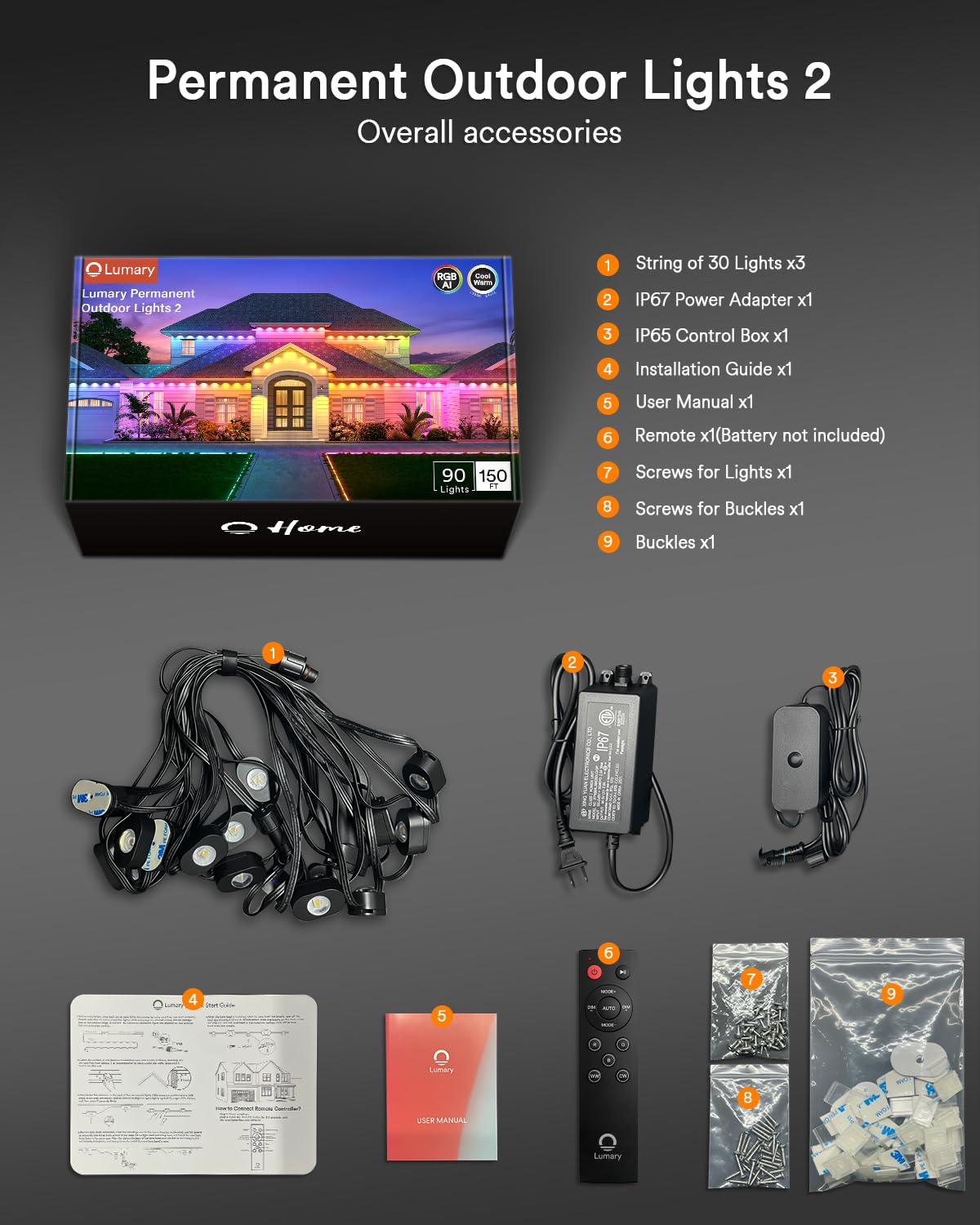 Lumary Smart Permanent Outdoor Lights 2 With Remote 150Ft With 90 Rgbaicw Leds 5400Lm For Daily And Accent Lighting 110+ Scenes For Halloween Christmas Decor Compatible With Alexa Google Black