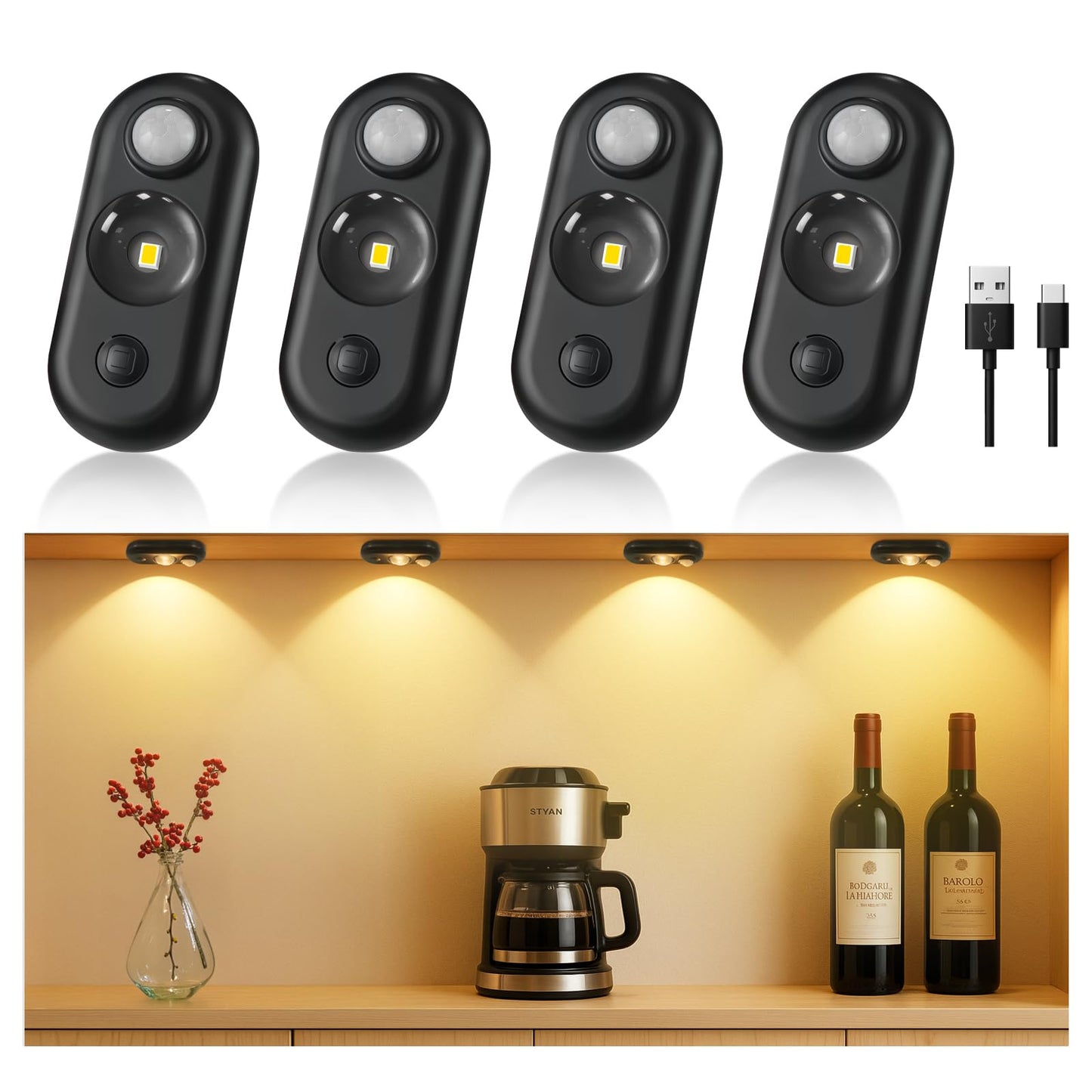 GLARESBOT LED Motion Sensor Puck Lights, Small Rechargeable Under Cabinet Light, Dimmable Warm White Closet Lights, Wireless Und