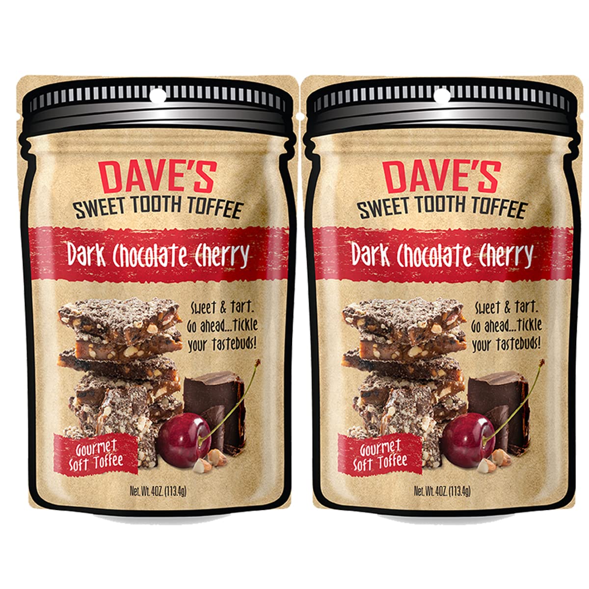 Daves Sweet Tooth Toffee - Dark Chocolate Cherry Toffee Gift Set (4 oz. x 2) - Handmade Dark Chocolate Covered Cherries Toffee