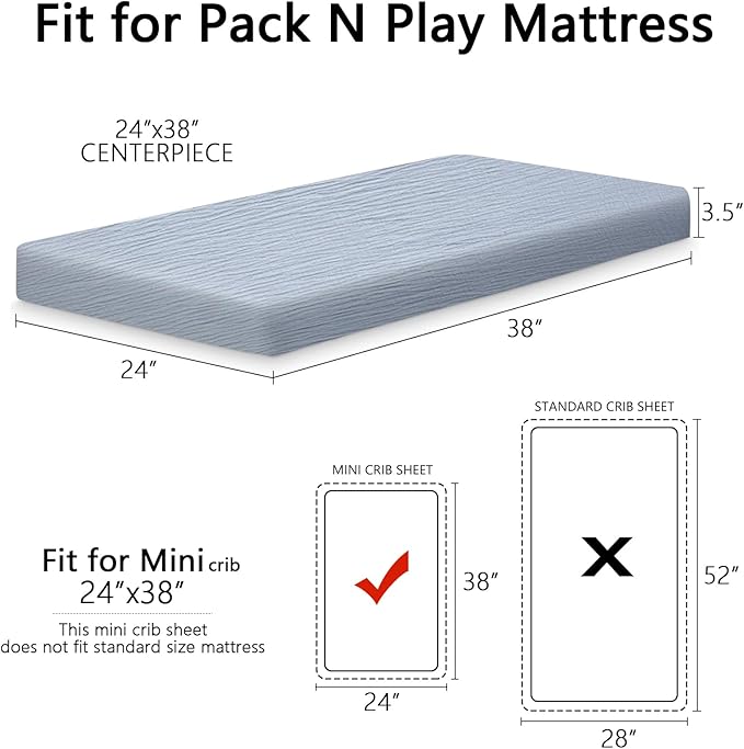 2 Pack Soft Muslin Baby Mini Crib Sheets, 100% Cotton Breathable Double Layer Fitted Sheets for Mini Crib and Pack N Play Mattresses 24x38 Inches, for Baby Girls and Boys (Beige & Grey