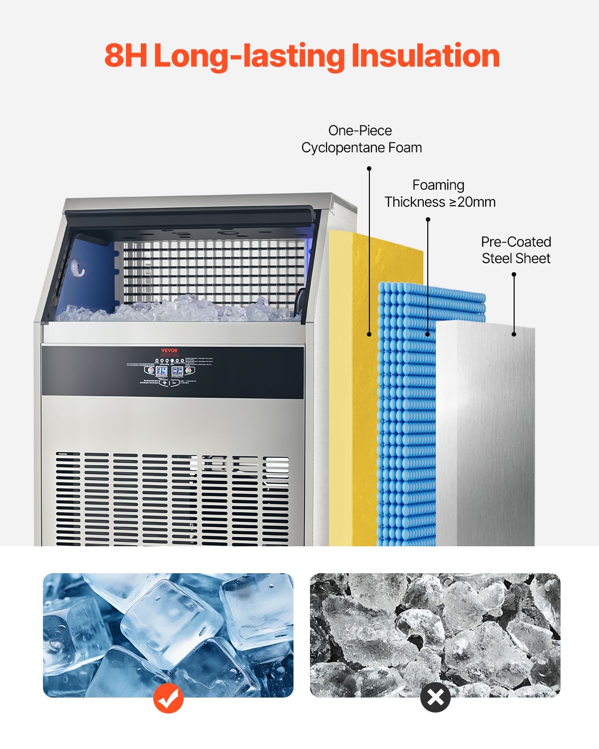 Vevor 440Lbs/24H Commercial Ice Maker Machine With Drain Pump, 110Lbs Storage Capacity Ice Maker, 160 Ice Cubes In 15 Minutes, L