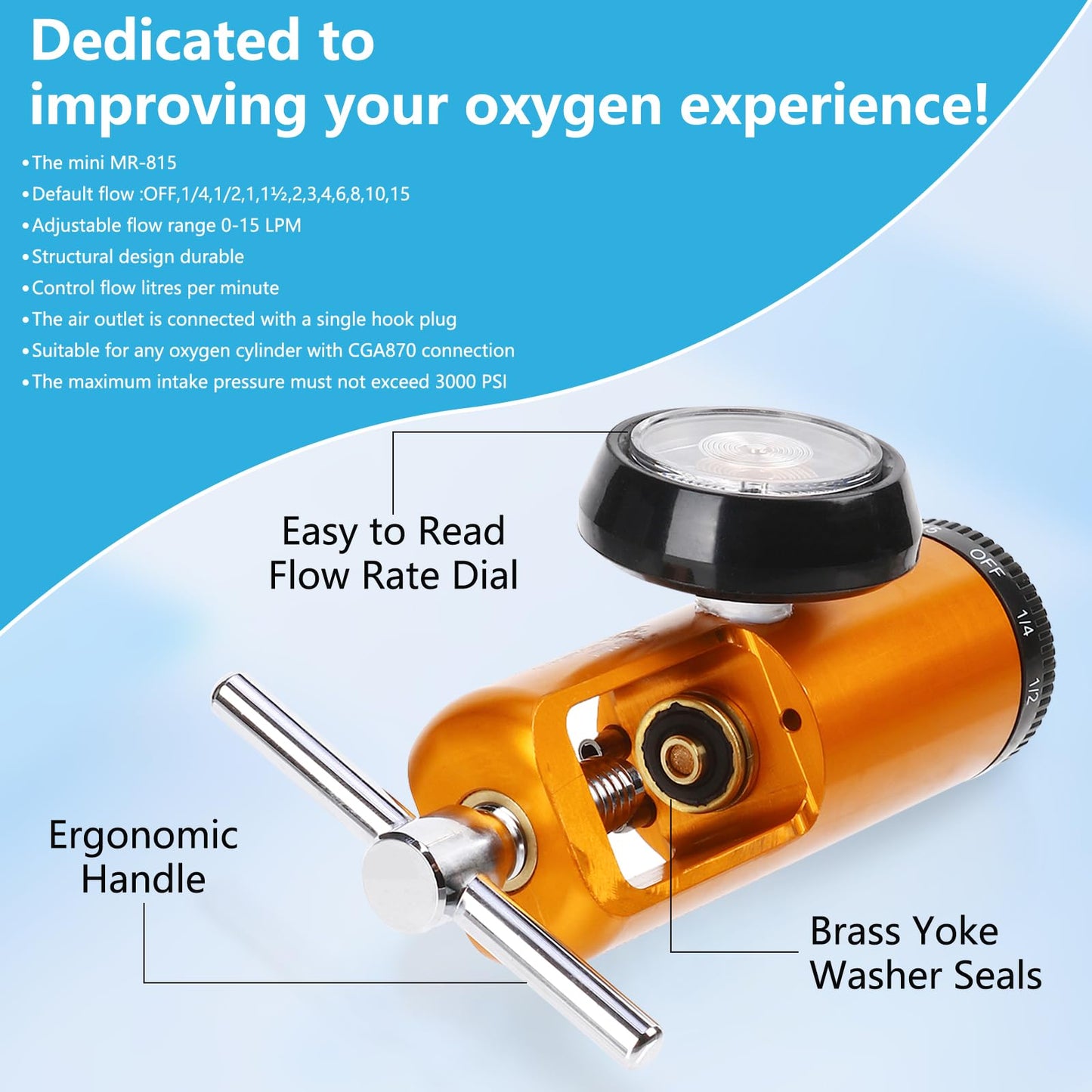 AnteMed Oxygen Regulator for Oxygen Tank CGA-870, Mini O2 Regulator with Gauge, 0-15 LPM Adjustable Flow, Portable Oxygen Tank Regulator