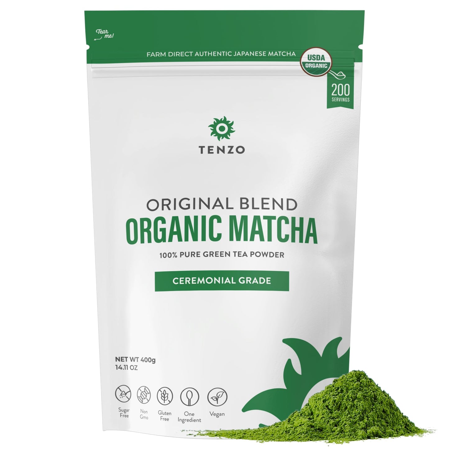 Tenzo Matcha Green Tea Powder - USDA Organic Ceremonial Grade - Paleo Kosher Vegan - Authentic Japanese Matcha Tea - Original Latte Powder (14.11 Ounce)
