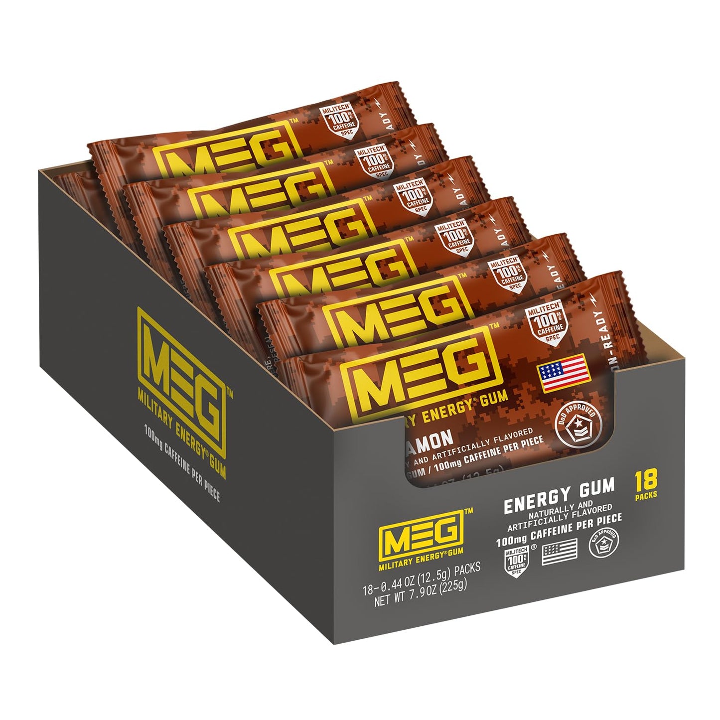MEG Military Energy Gum - Cinnamon Flavor, 100mg Caffeine per Piece, Pack of 18, Brown