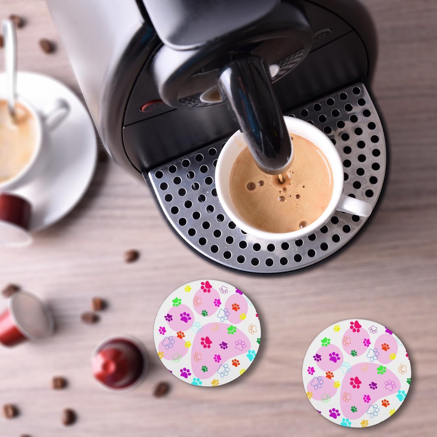 Ceramic Coasters for Drinks with Cork Back,Colorful Paw Prints On Pink 4 Inch Absorbent Coaster Set 4 Pack, Quick Dry Non-Slip Coaster Mats for Home, Office, Bar