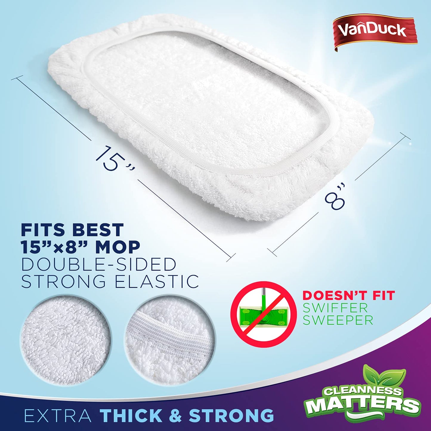 VanDuck 100% Cotton Pad Terry Cloth Mop Refills 15x8 inches, 2 Pack (Mop is Not Included)