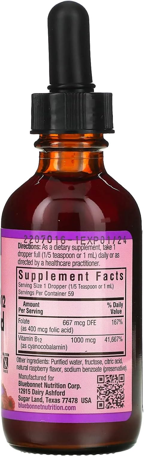 Bluebonnet Nutrition Liquid Vitamin B12 & Folic Acid, for Energy Boost*, Soy-Free, Gluten-Free, Dairy-Free, Vegan, 400 mcg of Folic Acid & 1000 mcg of Vitamin B12 Per Serving, 2 fl oz, 59 Servings