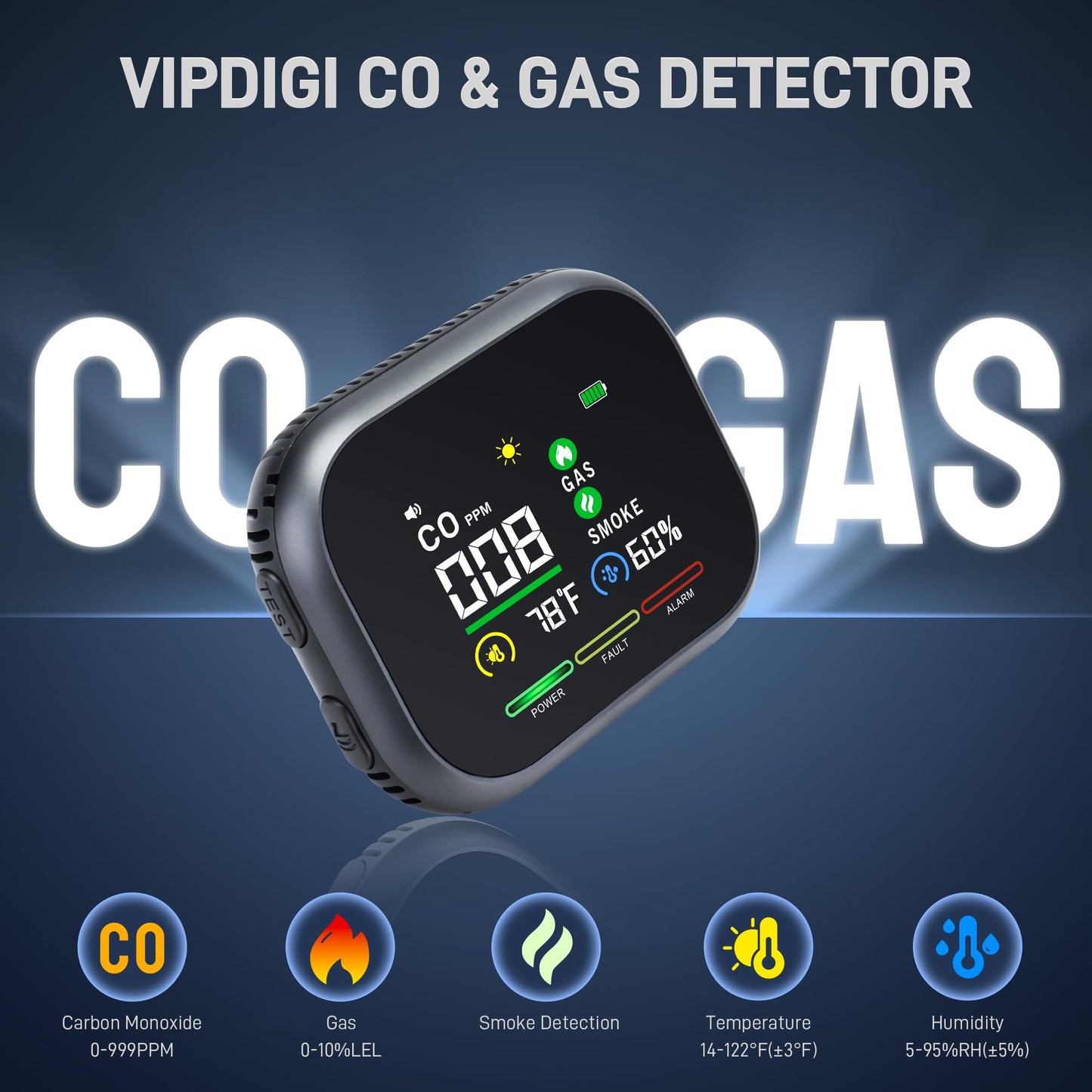VIPDIGI 5 in 1 Carbon Monoxide Detectors Plug in, Smoke Natural Gas Detector with Alarm, CO Detector, Temp, Humidity, Portable Carbon Monoxide Detector for Home, Black&Grey