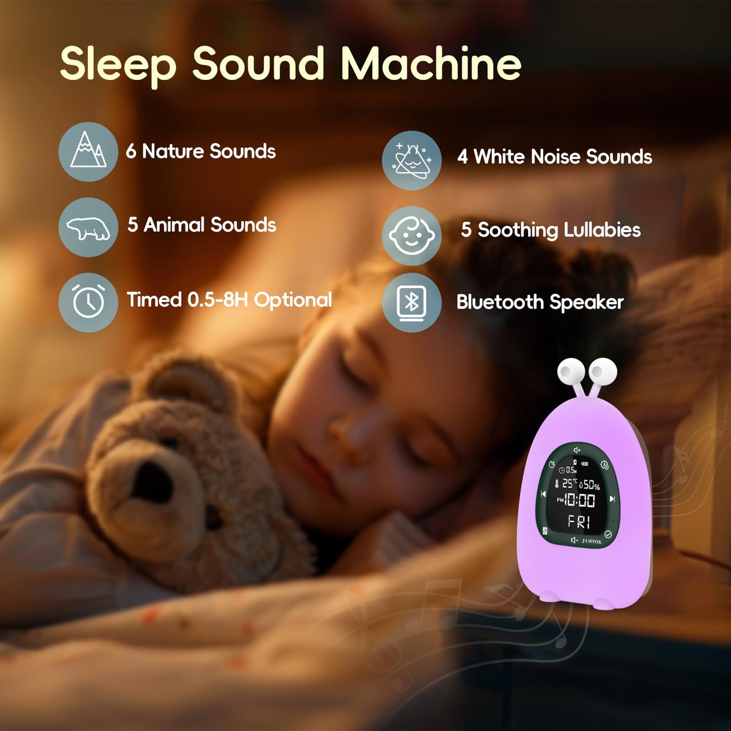 JAMYOK Sunrise Alarm Clock Wake Up Light, White Noise Sound Machine with 20 Soothing Sounds, 10 Night Lights, Bluetooth Speaker/App Control, Dimmable Clock for Baby Kids Adults Heavy Sleepers Bedrooms