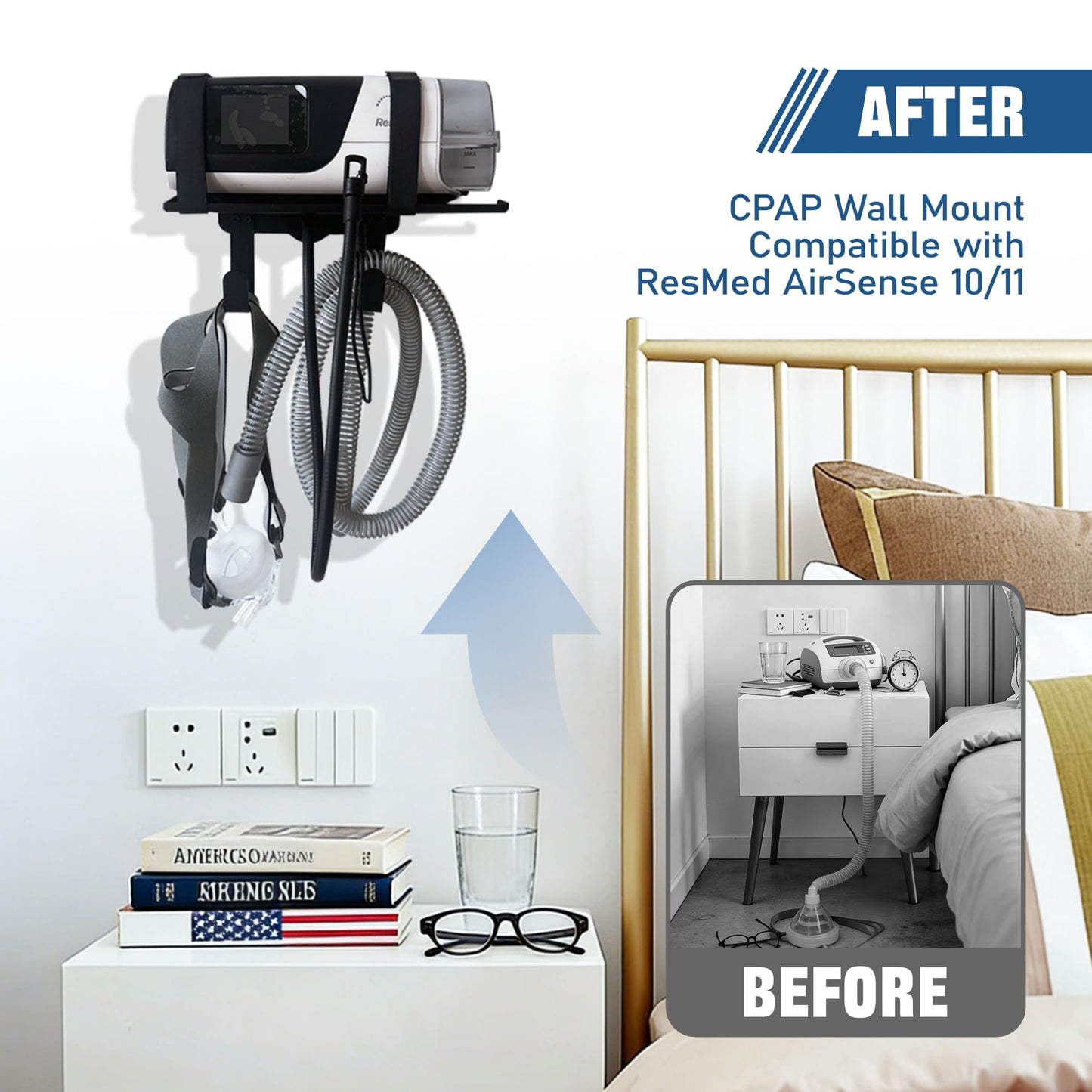 CHZHWFDC CPAP stand -CPAP Wall Mount Shelf for ResMed AirSense 10/11, Adjustable Angle with CPAP Hose Holder & CPAP Accessories Mask Organizer Space-Saving & Durable