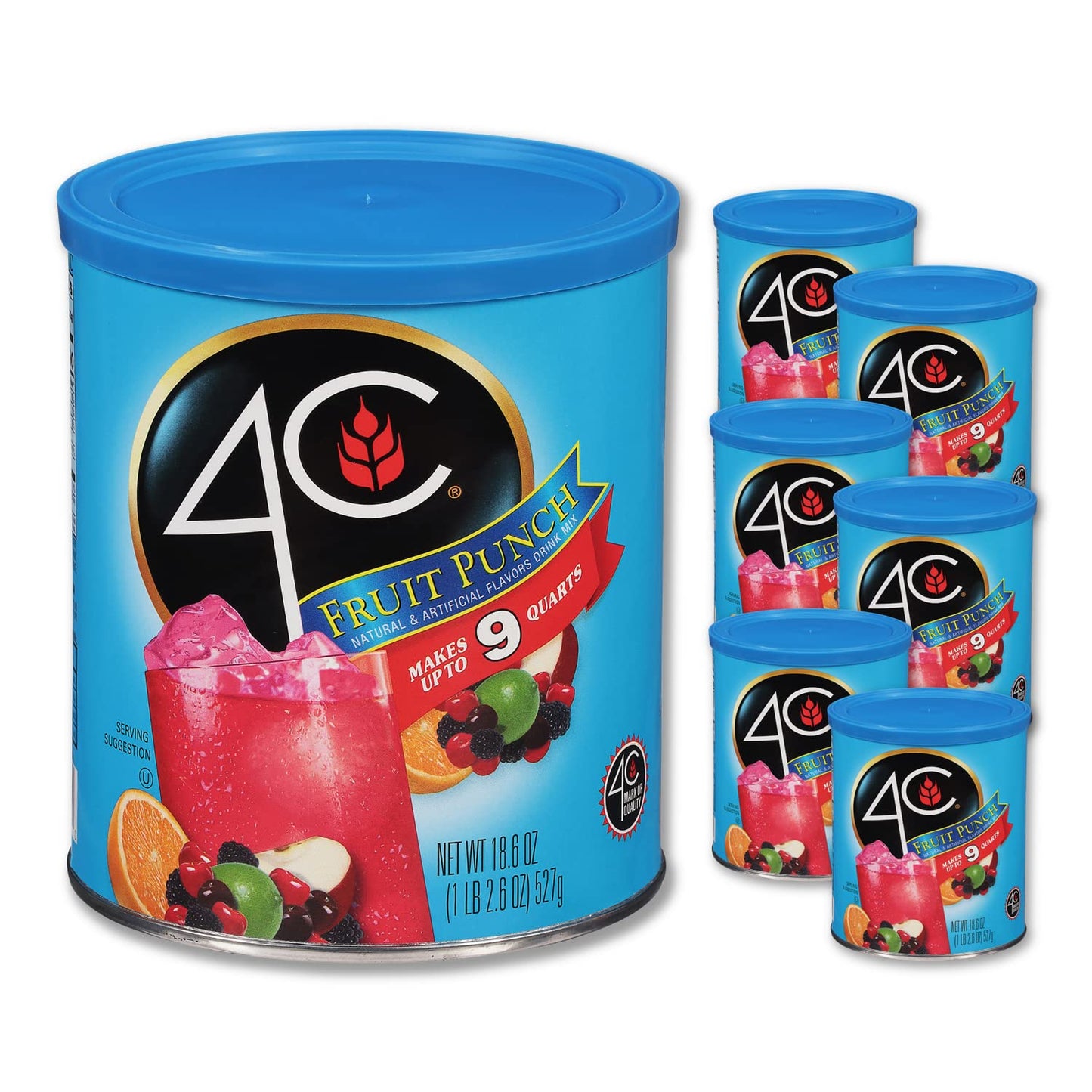 4C Powdered Drink Mix Canister Fruit Punch 6 Pack 9 Quarts Family Sized Bin Thirst Quenching Flavors