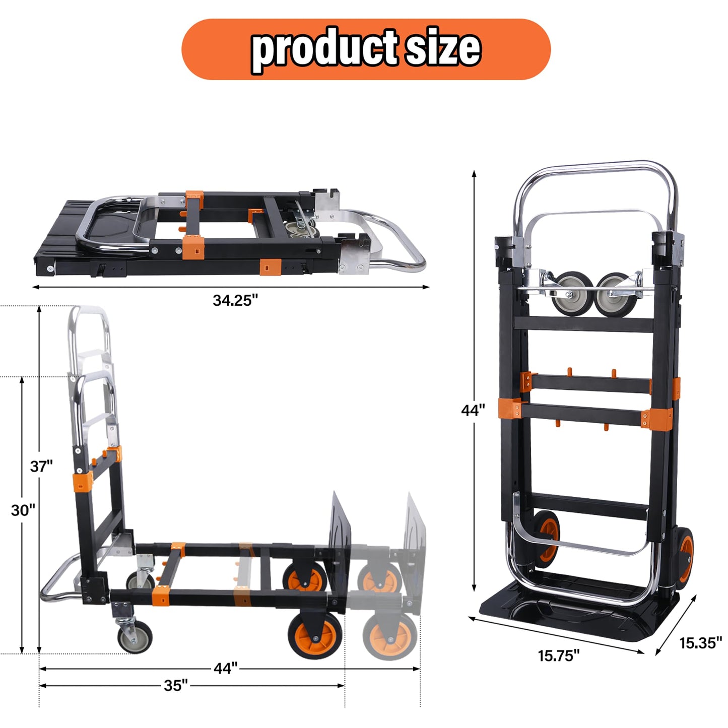 Upgraded 3 in 1 Folding Hand Truck, 500lbs Capacity Heavy Duty Convertible Dolly cart with Rubber Wheels, Collapsible Hand Truck Foldable with Telescopic Handle, Trolley for Moving, Office, Warehouse