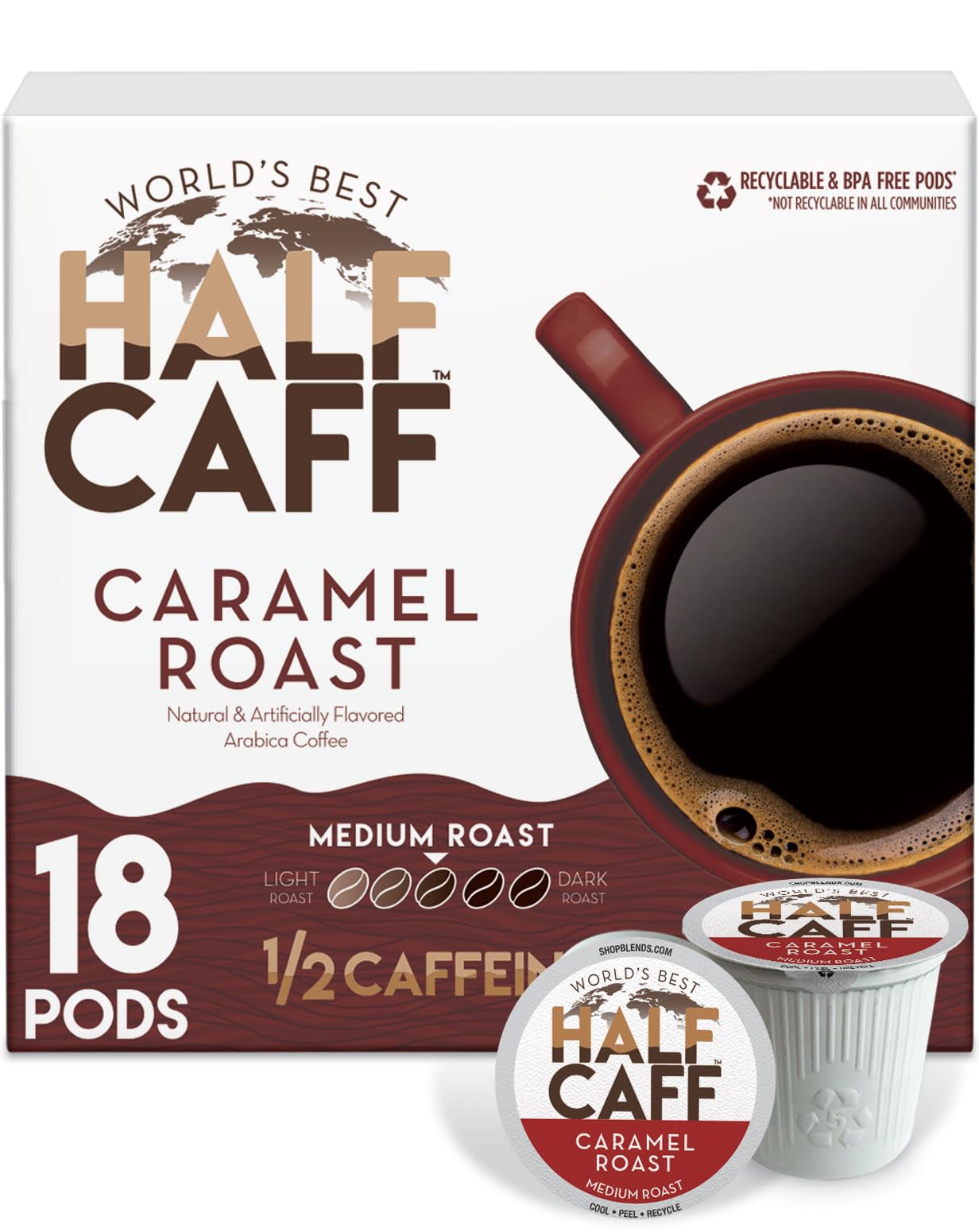 Worlds Best Half Caff Caramel Coffee Pods 18 ct Medium Roast Flavored Coffee in Recyclable Single Serve Pods - 100% Arabica Beans Compatible with Keurig K Cups Maker
