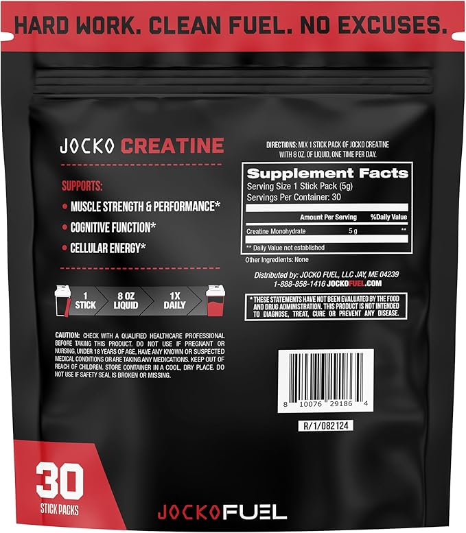 Jocko Fuel Creatine Stick Packs - Creatine Monohydrate Powder Travel Packs for Men & Women, Supplement for Athletic Performance & Muscle Health, 30 Servings 150g (Unflavored)