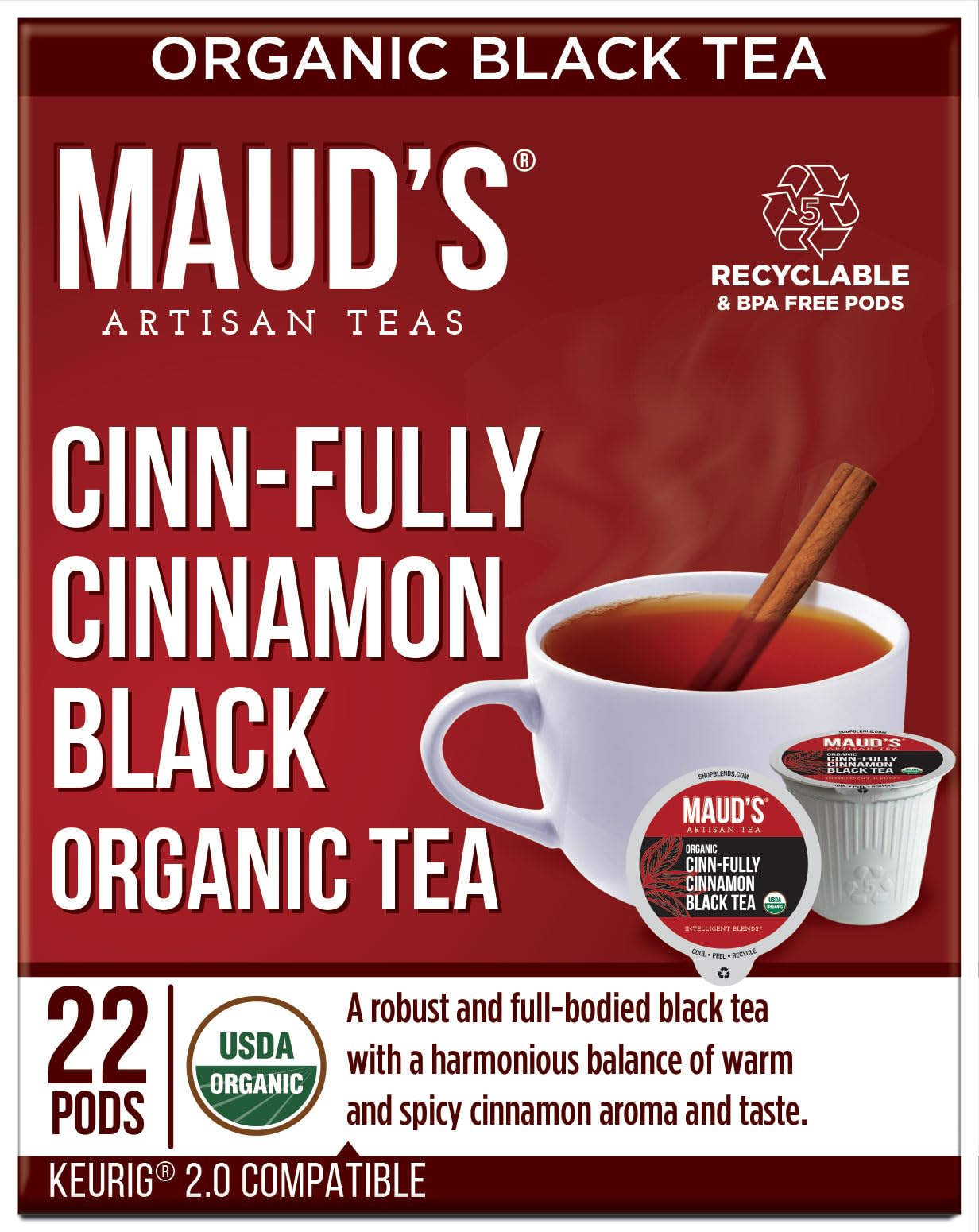 Mauds Cinnamon Organic Black Tea Pods 22ct | Cinn-Fully Cinnamon Tea | Hot Cinnamon Spice Tea | Solar Energy Produced Recyclable Single Serve Tea Pods Compatible with Keurig K-Cup malt-inspired