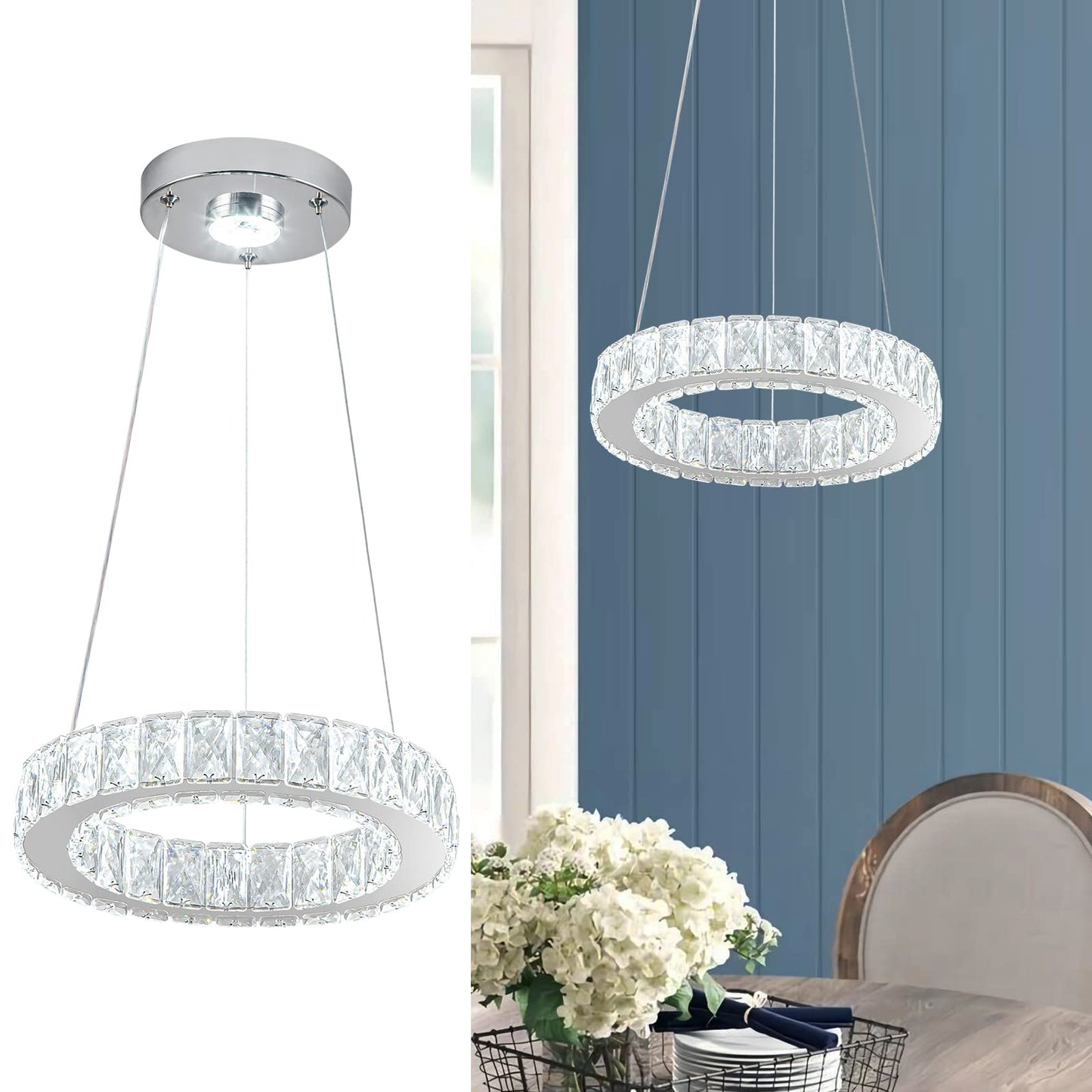 HongnuoFc 11.8 Crystal Chandelier LED Round Flush Mount Ceiling Light Fixture Modern Hanging Pendant Lighting Mini Ring Chandeli