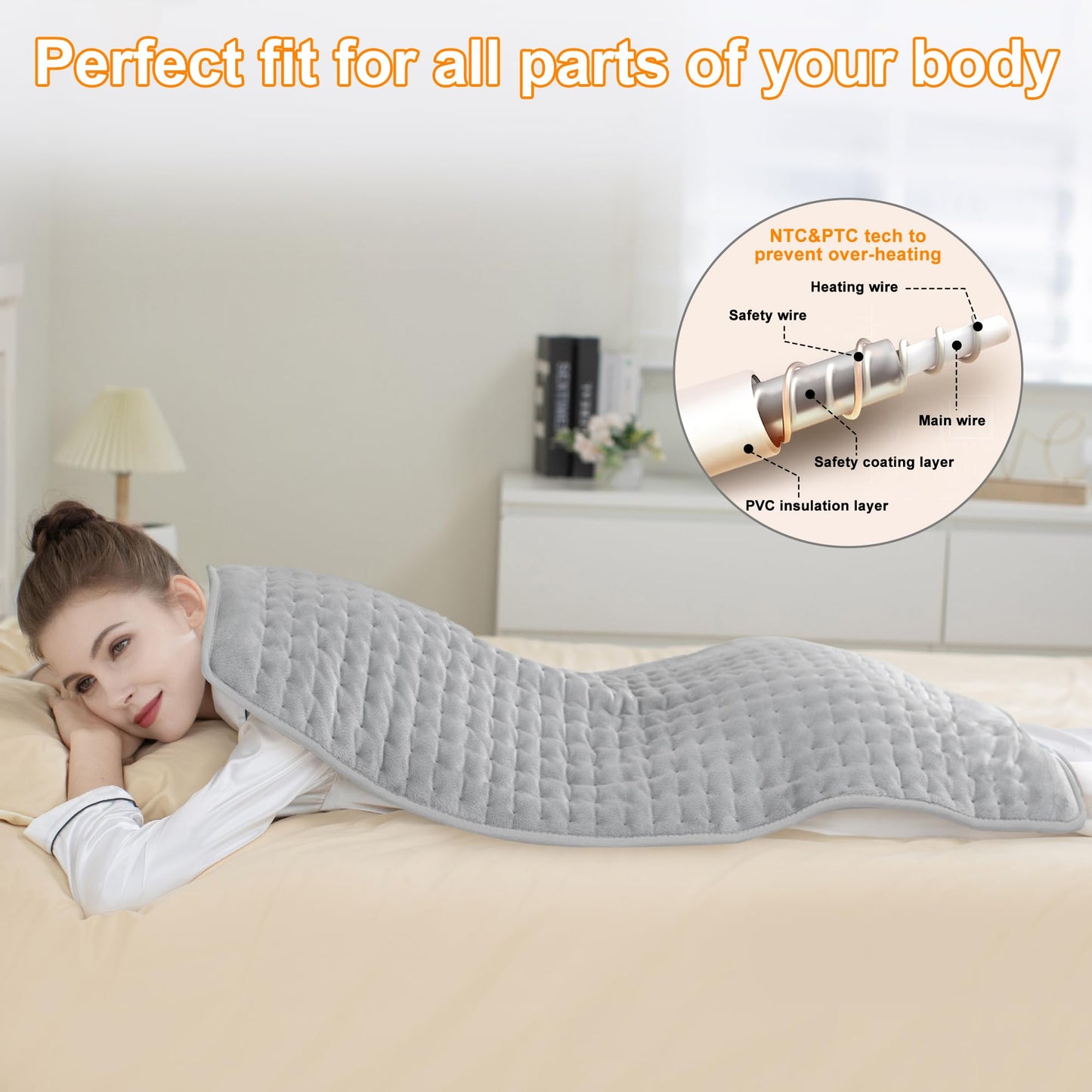 Deepsoon Heating Pad,Electric Heating Pads for Back,Neck,Abdomen,Moist Heating Pad for Shoulder,Knee,Arms,Legs,Dry/Moist Heat & Auto Shut Off,Christmas Gifts for Men and Women,Light Gray,40x20 Inch